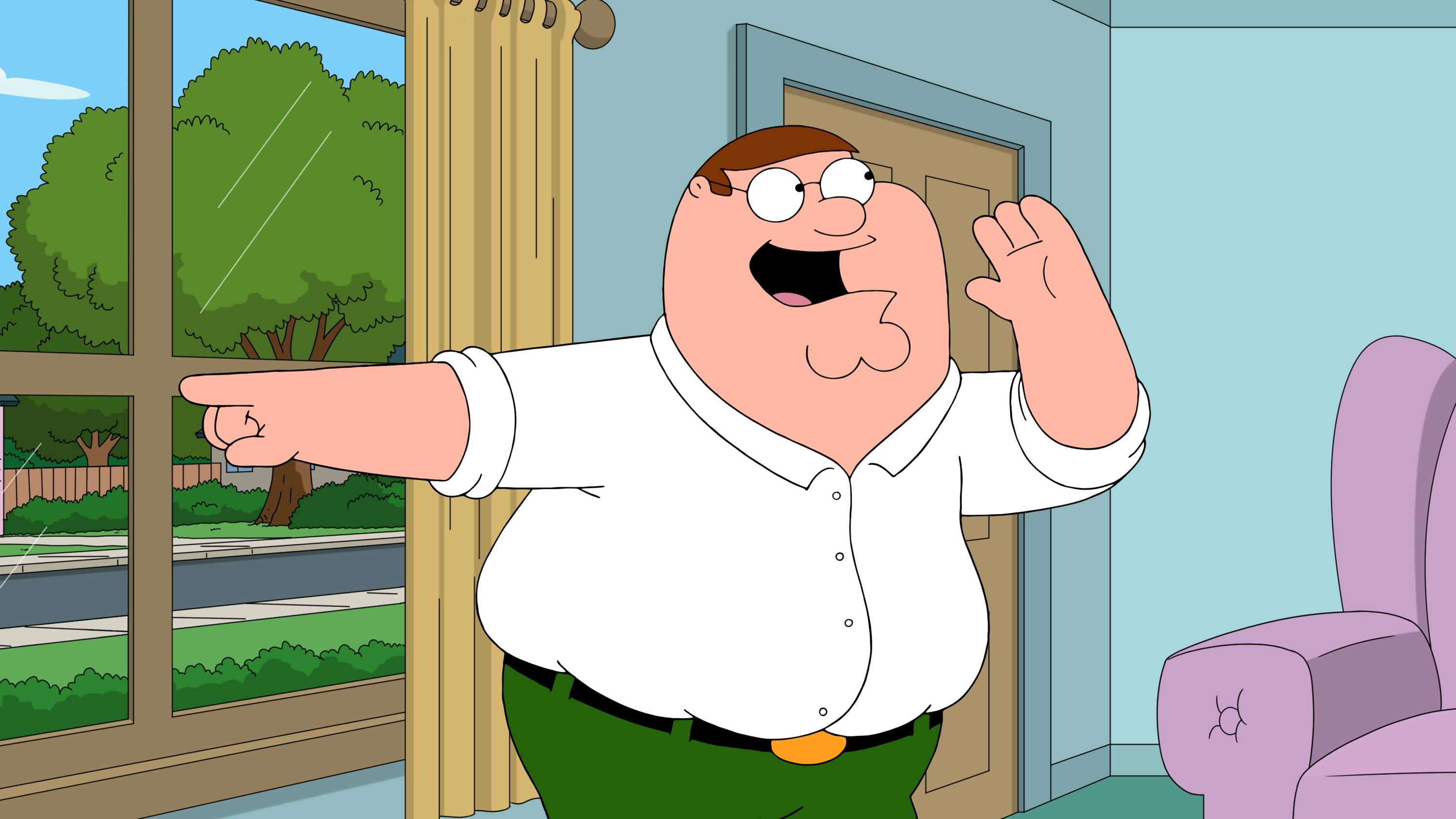 Peter Griffin points excitedly toward a window in his house in a still from Family Guy season 15