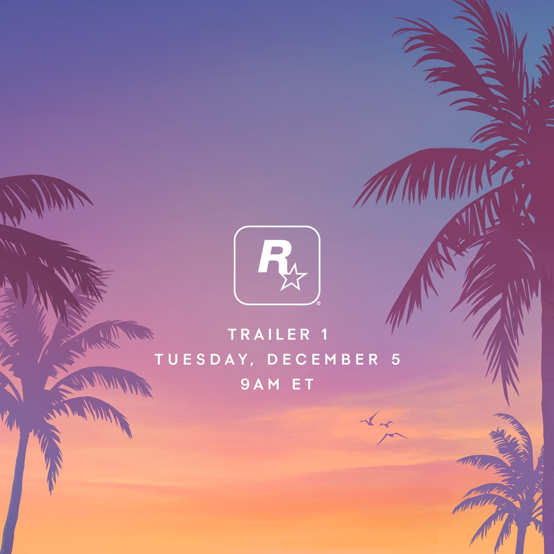 A teaser image for GTA 6’s Trailer 1 and the text ‘Tuesday, December 5, 9am ET’ on an orange and pink sky with palm trees either side