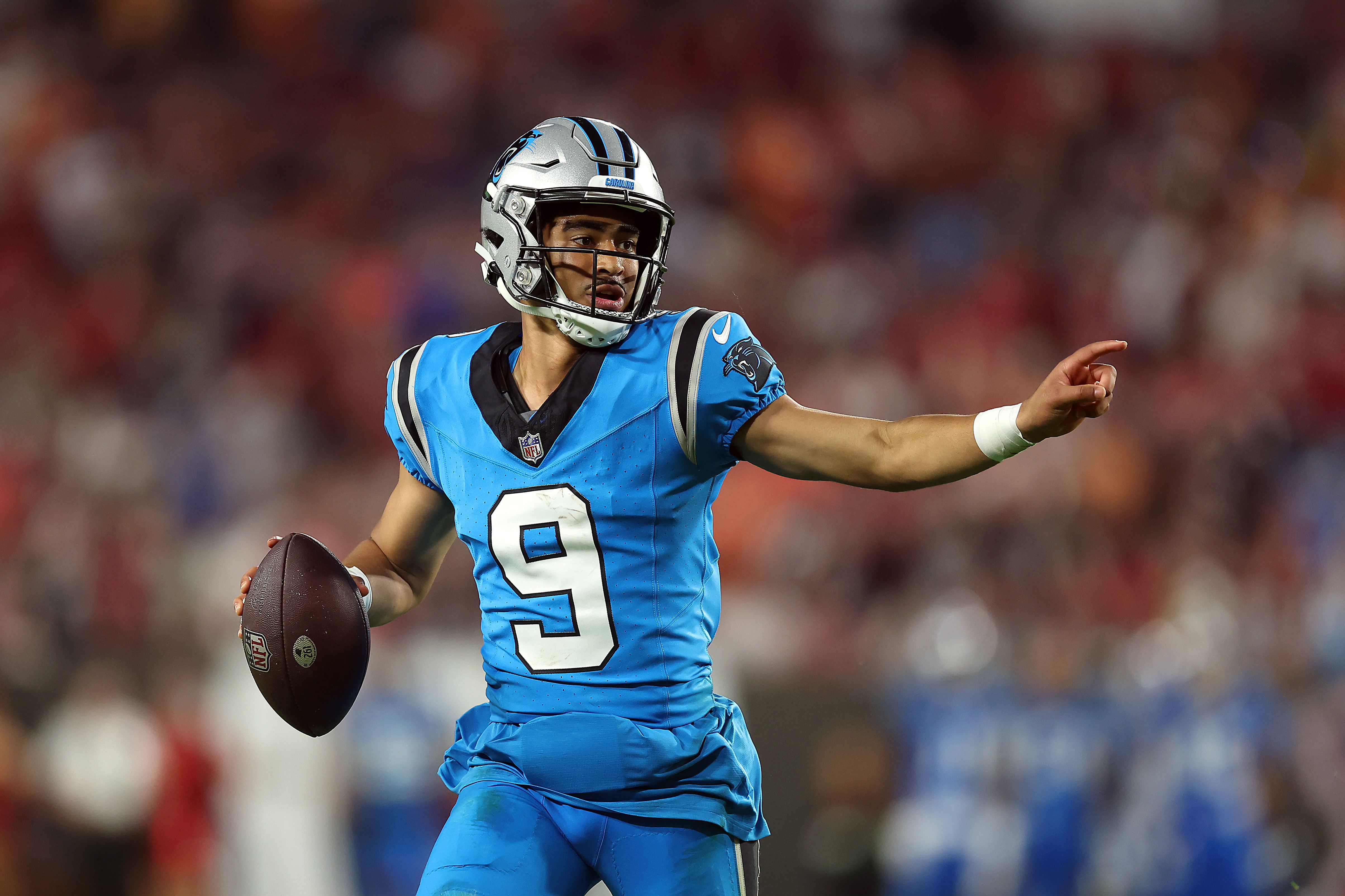 Bryce Young #9 of the Carolina Panthers looks to pass against the Tampa Bay Buccaneers during the fourth quarter of the game at Raymond James Stadium on December 03, 2023 in Tampa, Florida.