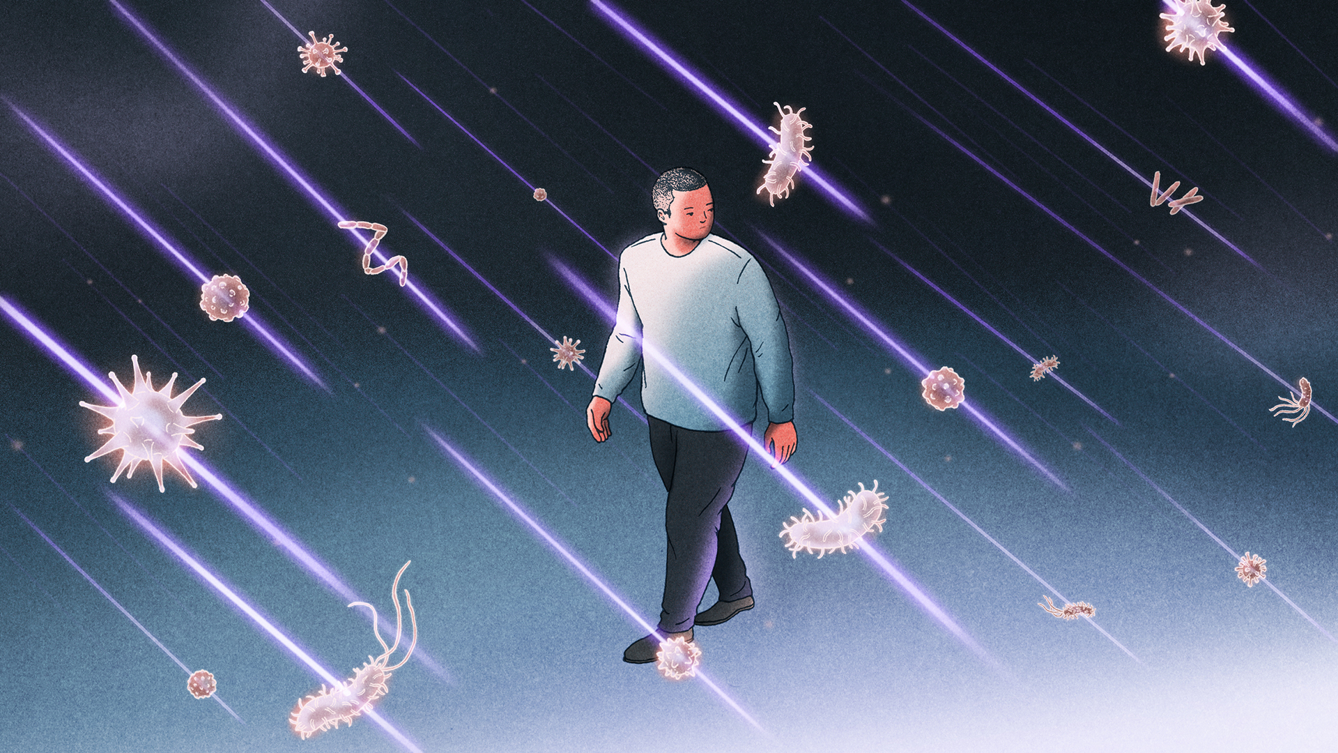 An illustration of a man walking through lightbeams, which are piercing through oversized viral pathogens.