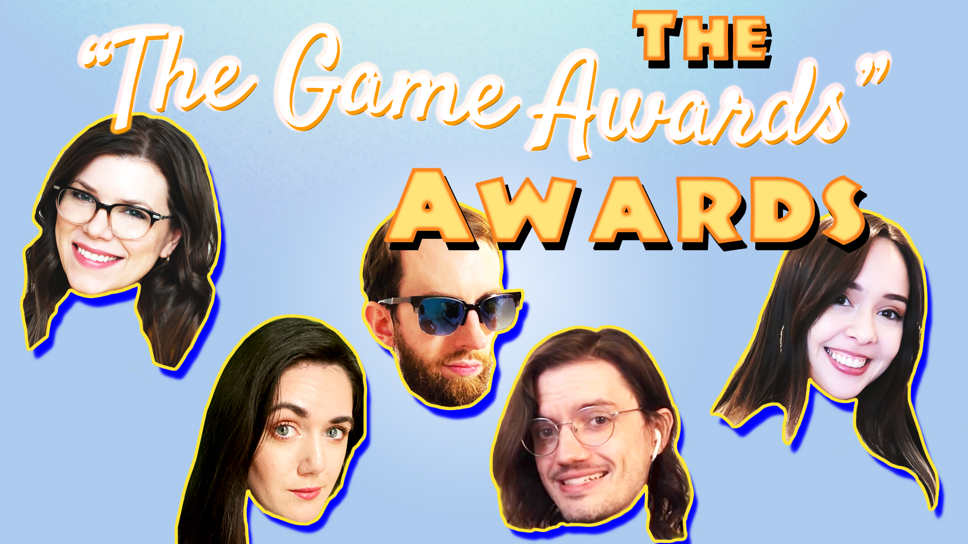 The floating heads of Polygon Video Team members over a blue background, with text reading “The “The Game Awards” Awards.” The team members seem happy and are smiling.