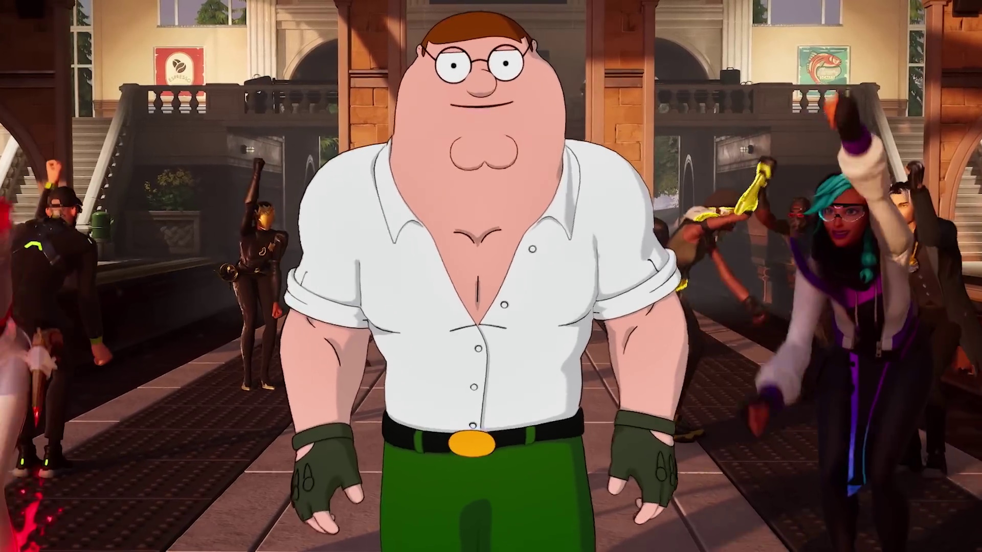 A muscular Peter Griffin from Family Guy walks among various Fortnite characters.