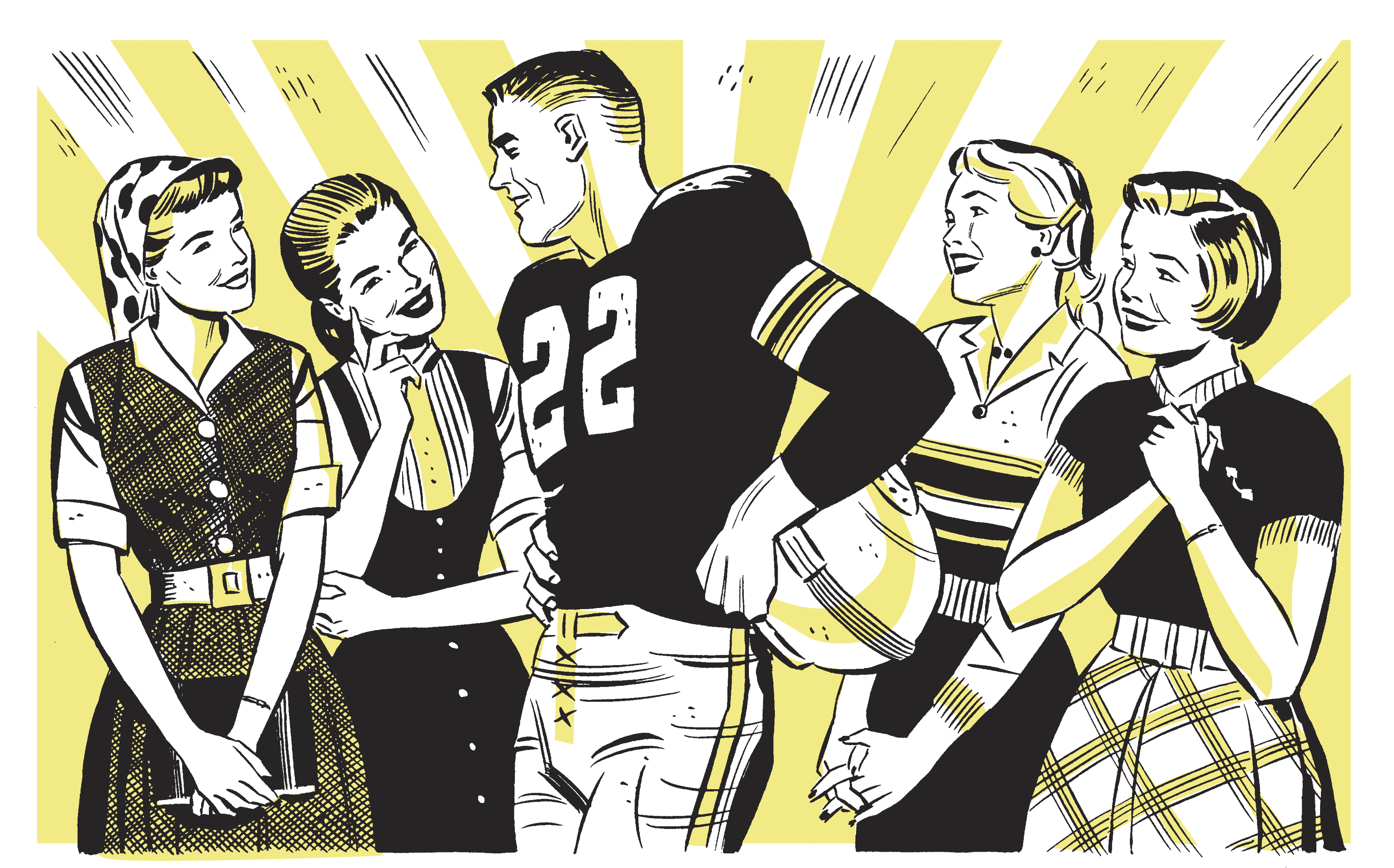 A black-and-white illustration shows a football star flirting with four adoring-looking girls. Rays of yellow light illuminate the backdrop.
