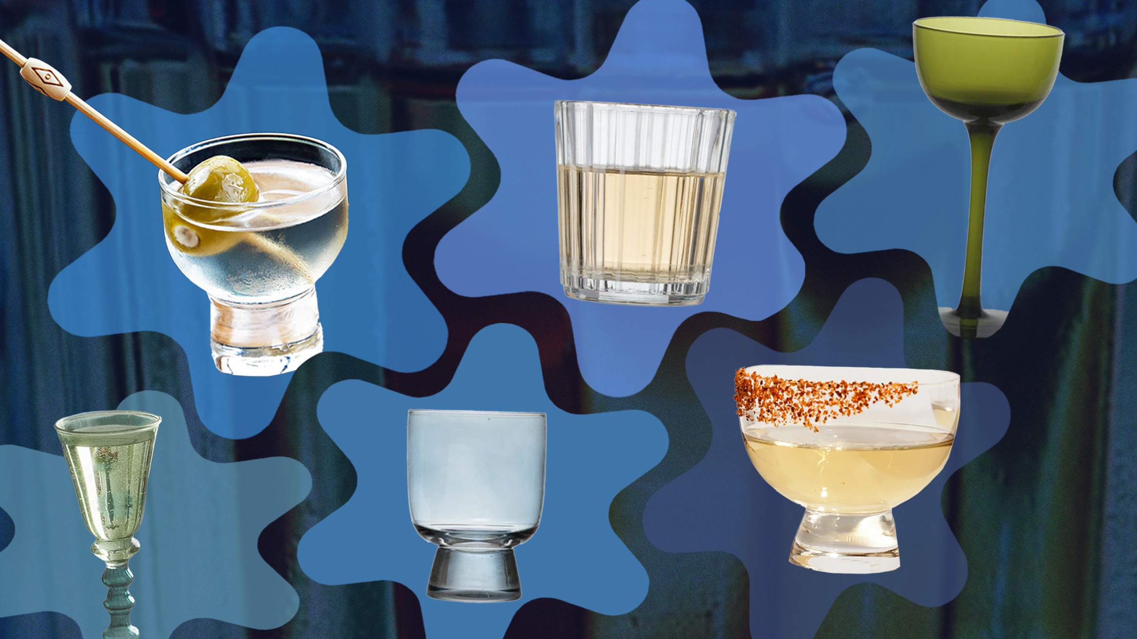 A collage of petite cocktail glasses, some of which contain cocktails