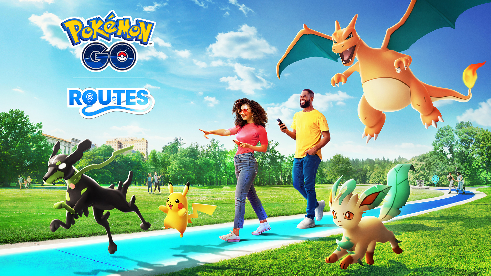 A man and woman walk along a route with Pokémon Zygarde, Pikachu, Charizard, and Leafeon through a park in artwork for Pokémon Go