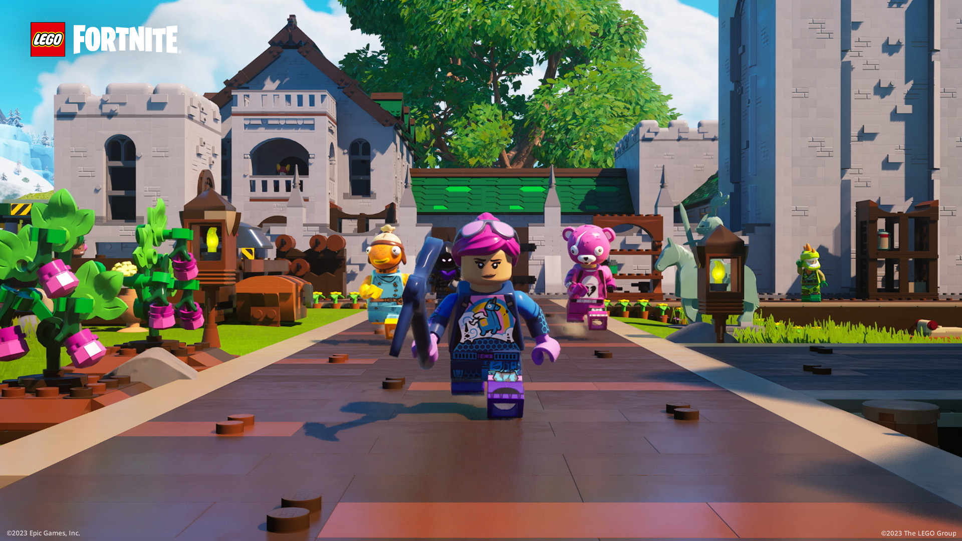 Brite Bomber, Fishstick, and Cuddly Bear Leader in Lego minifig form run through a castle-like area in a screenshot from Lego Fortnite
