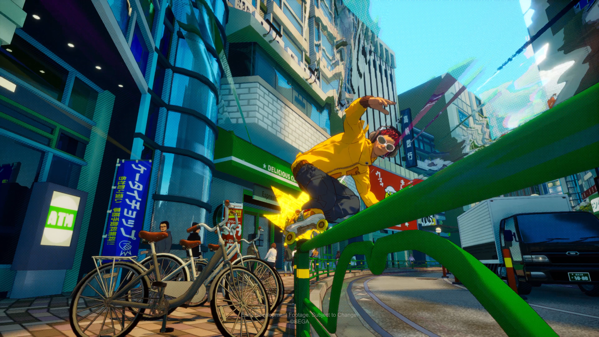 A skater grinds a rail in an urban environment in the gameplay trailer from The Game Awards 2023 for the upcoming Jet Set Radio