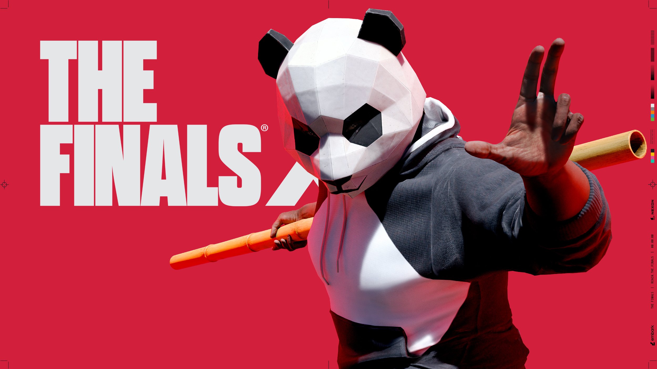 A person wearing a panda mask and a sweatshirt stands against a red background in key art for The Finals.