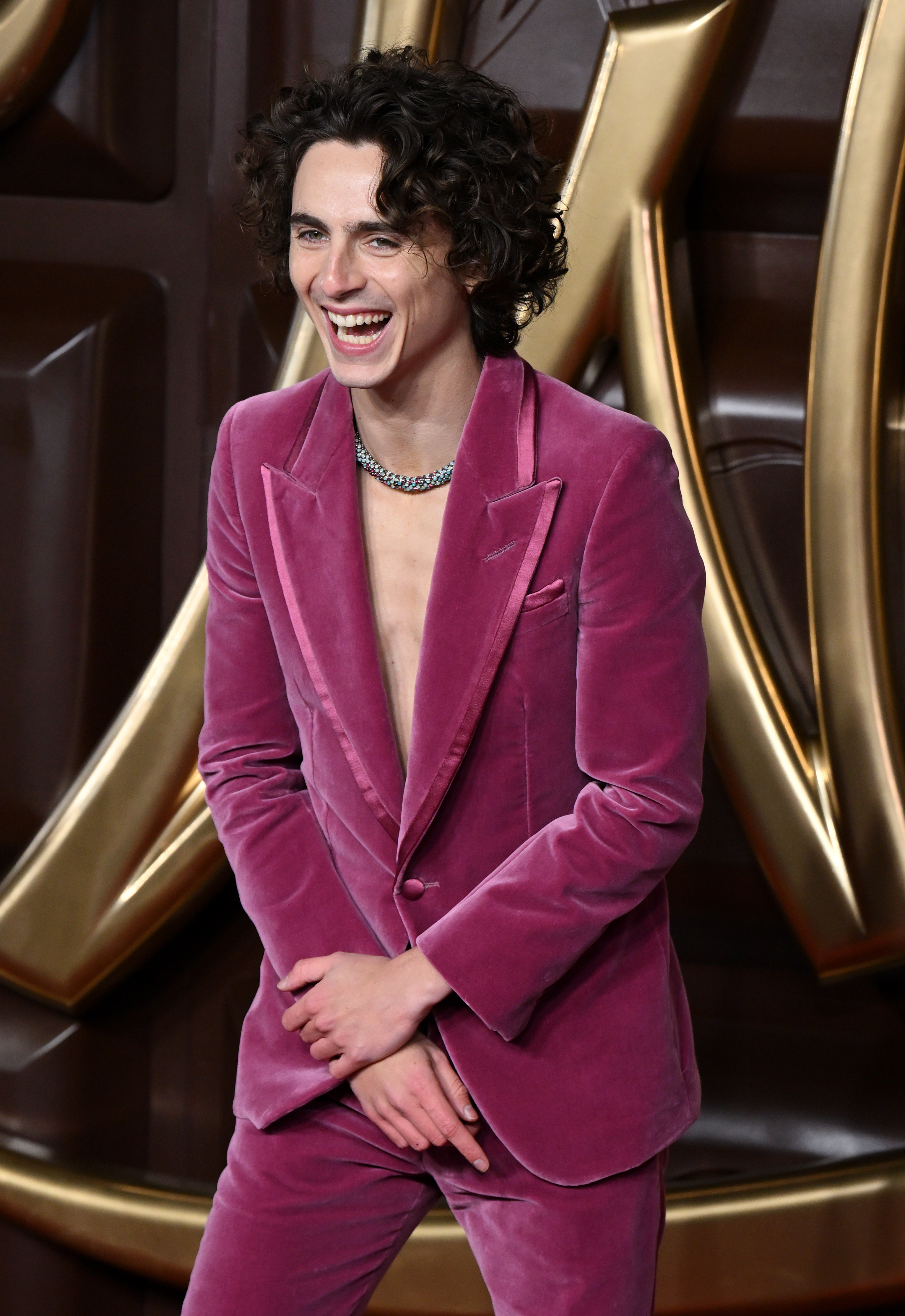Timothée Chalamet at the Wonka World Premiere laughing in his burgundy suit