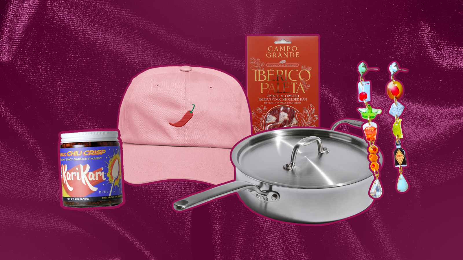 A collection of gifts, including chile crisp, a hat, a pan, charcuterie, and earrings, on a dark red background.