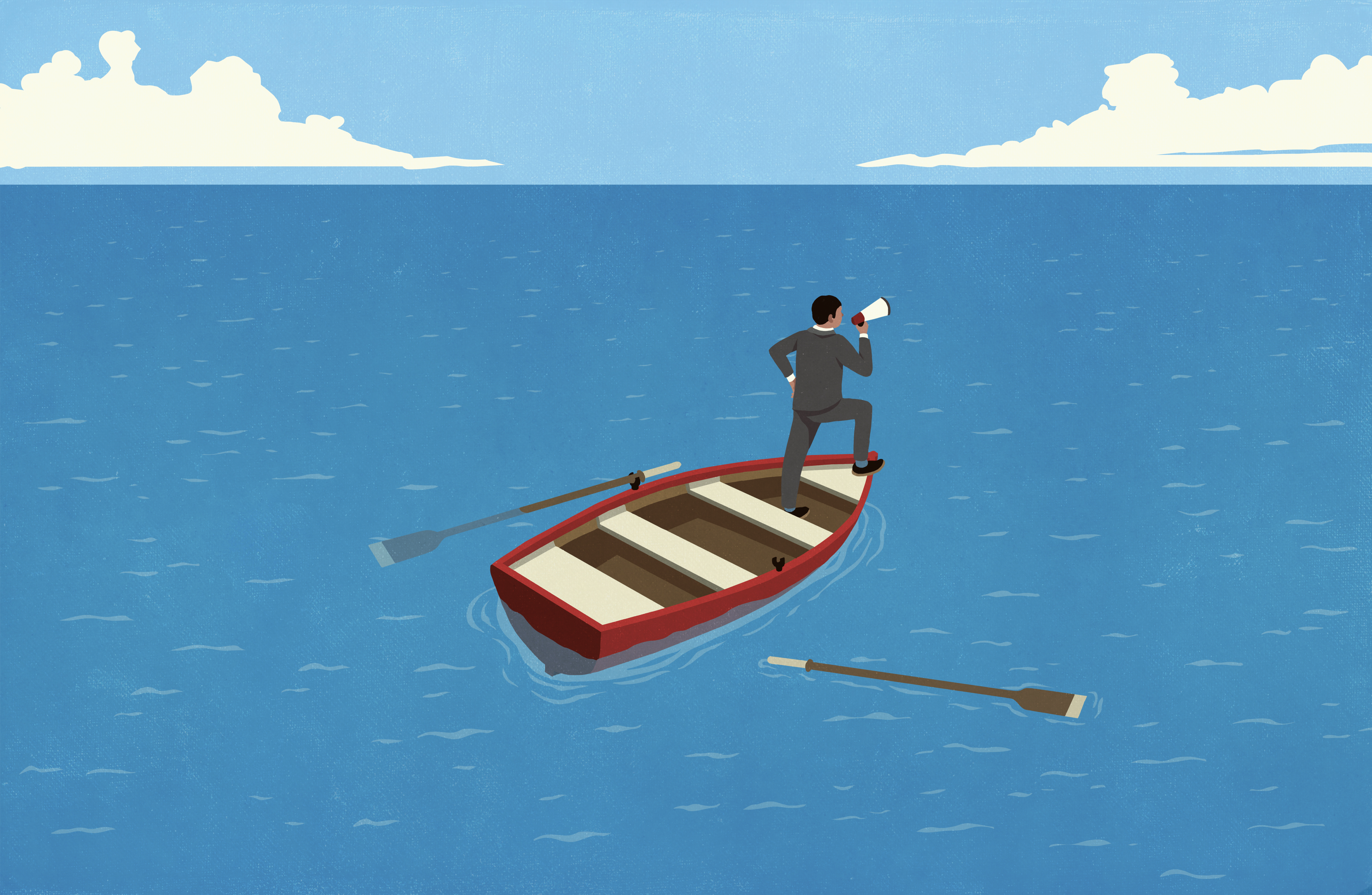 A drawing of a person standing in a rowboat in the middle of the ocean.