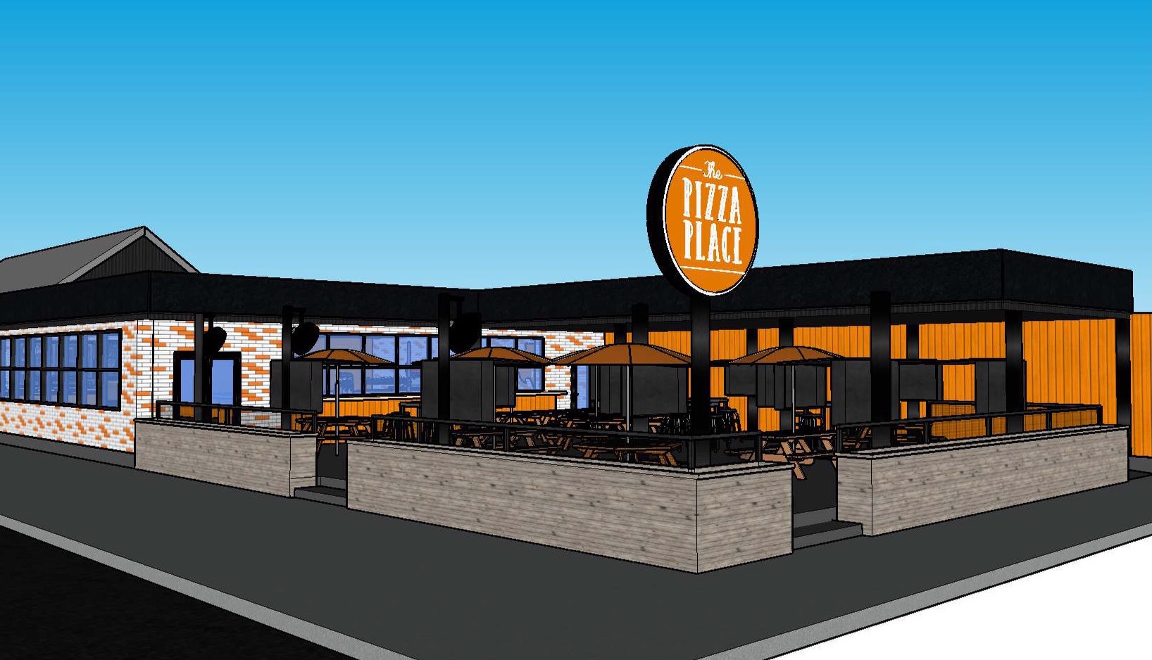A rendering of the Pizza Place shows a restaurant with a massive covered outdoor patio.