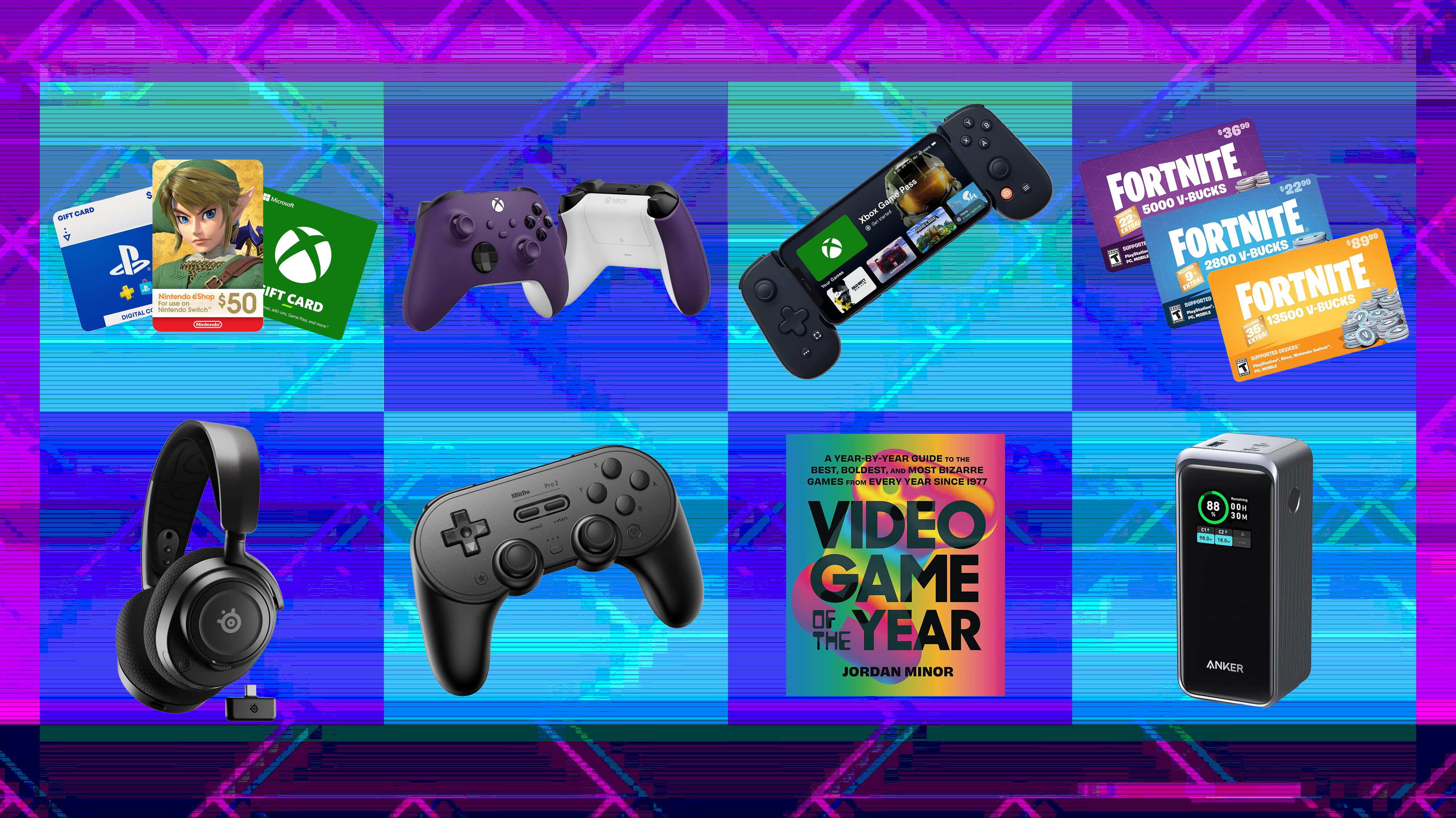 A composite image of products featured in our collection of last-minute gaming gifts
