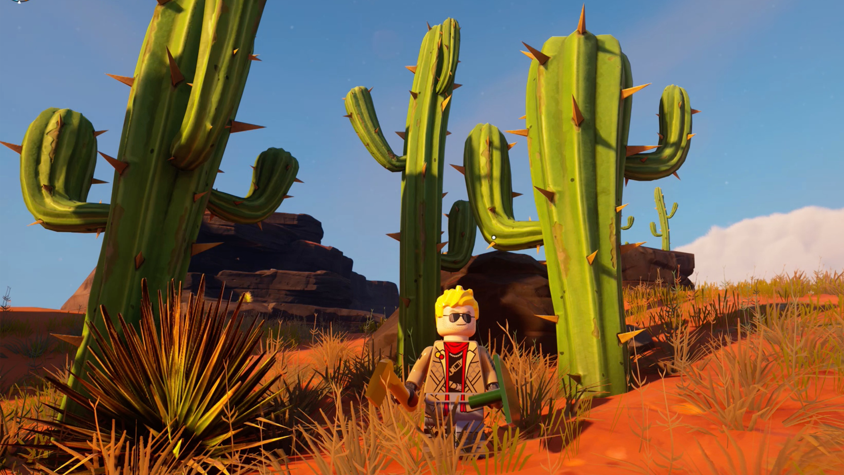 Lego Fortnite&nbsp;character standing in front of some cactuses in the desert Dry Valley biome