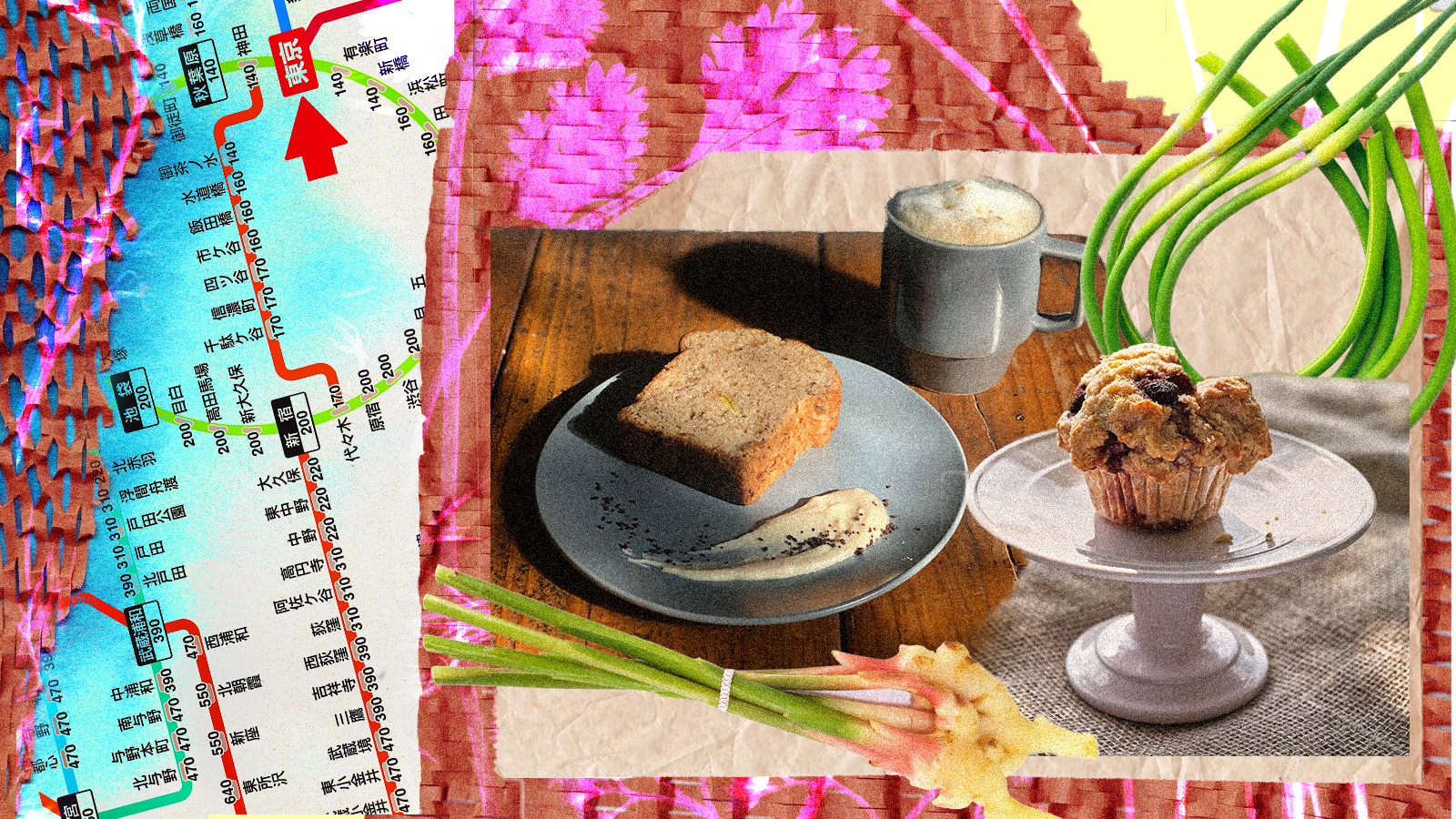 A photocollage featuring images of sliced sweet bread and a muffin, overlayed on a subway map and shots of plants.
