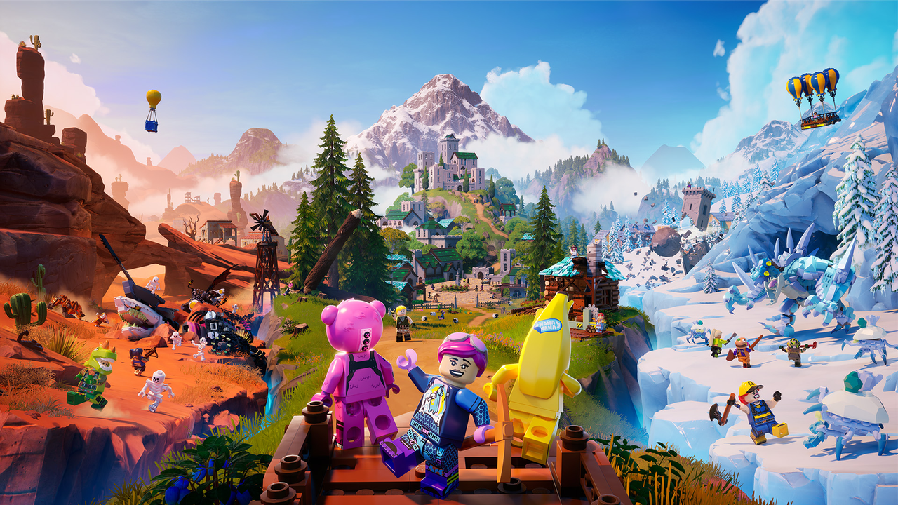 Peely, a teddy bear, and bright bomber stand in front of a desert, forest, field, and mountain in key art for Lego Fortnite.