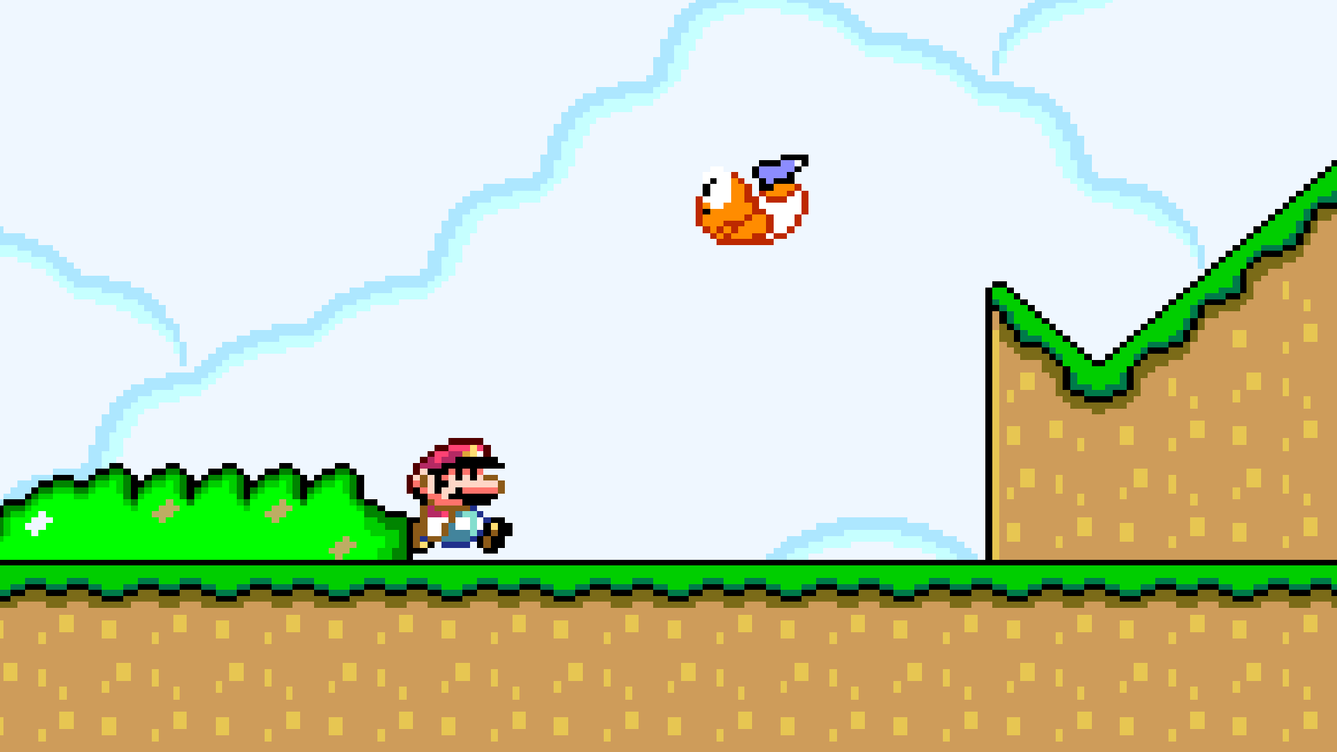 A pixelated scene of a shell-less turtle, wearing a white tank top and blue shoes and flying off a ramp towards Mario.