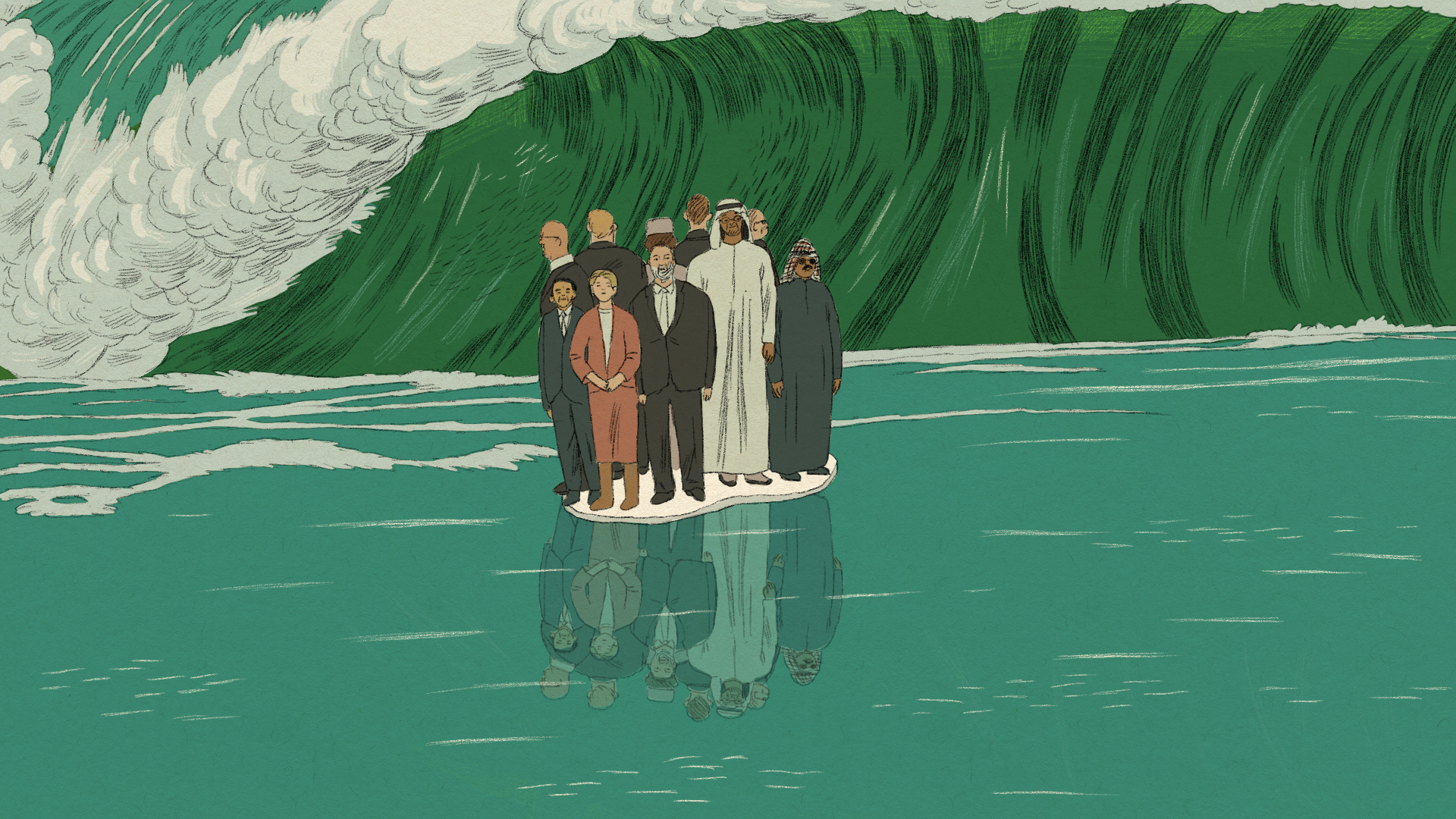An illustration shows world leaders crowded on a floating sheet of ice surrounded by water. Behind them, a giant wave quickly approaches.