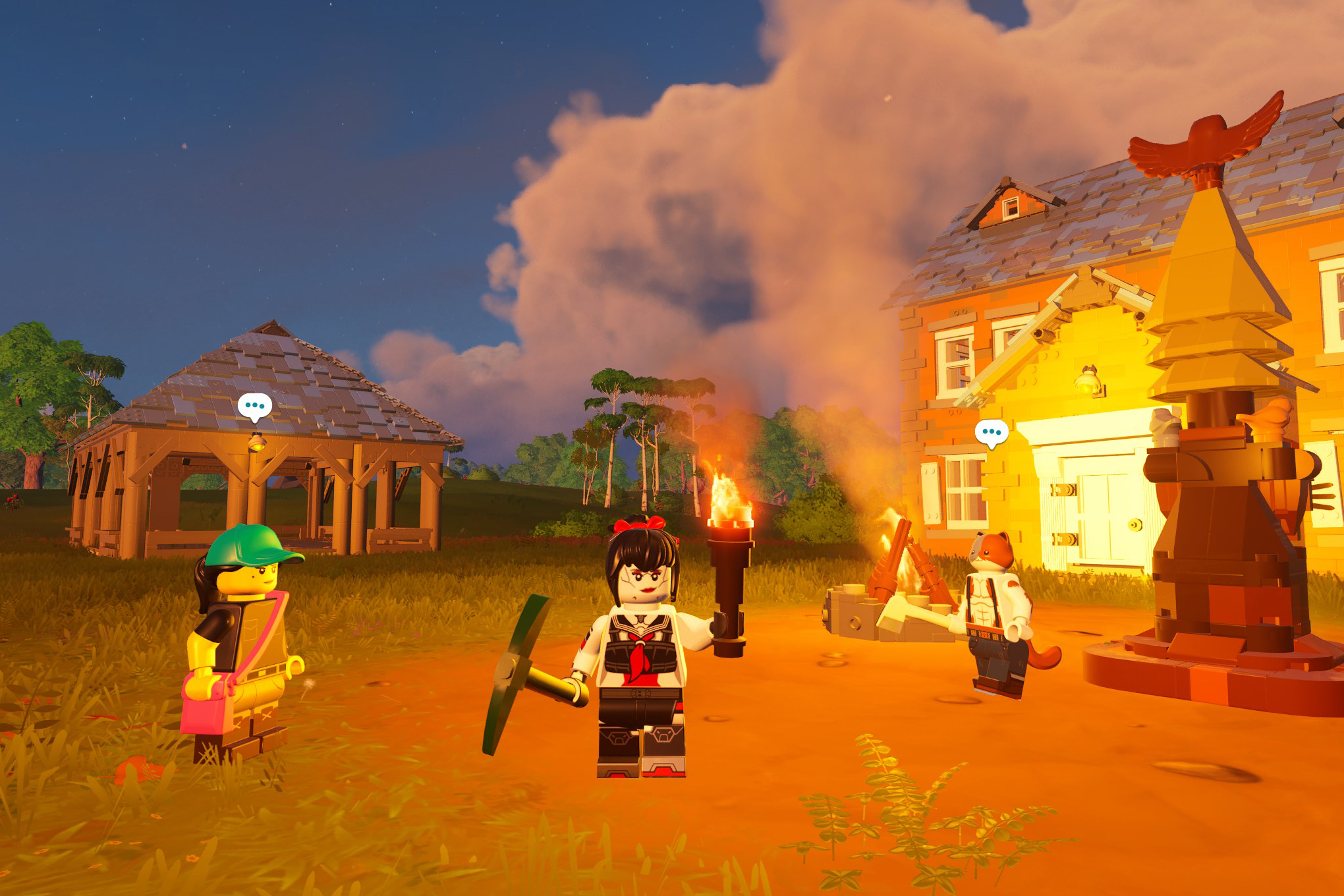 A Lego Fortnite character holds up a torch in a modest village