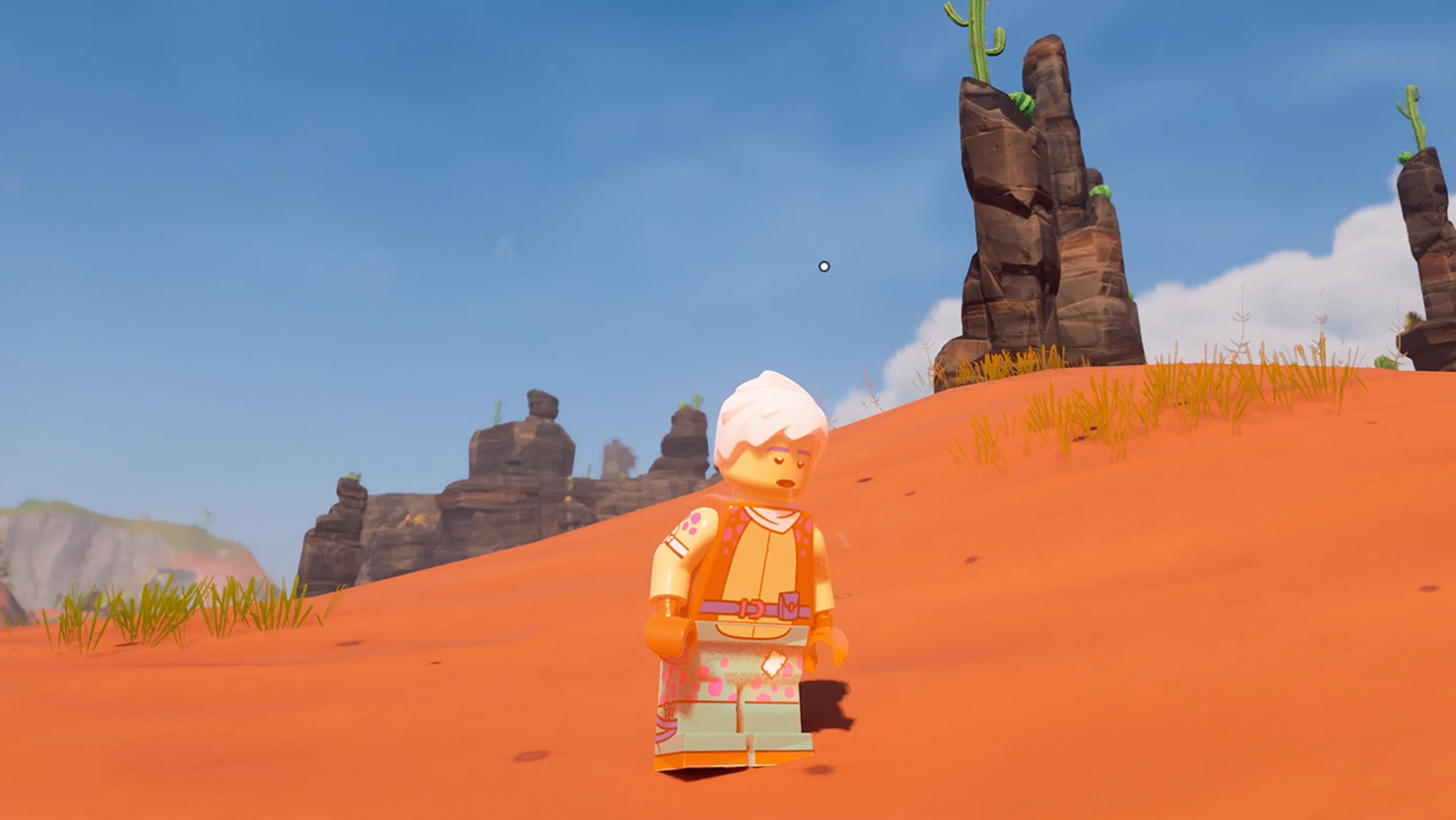Lego Fortnite character sweating in the Dry Valley biome