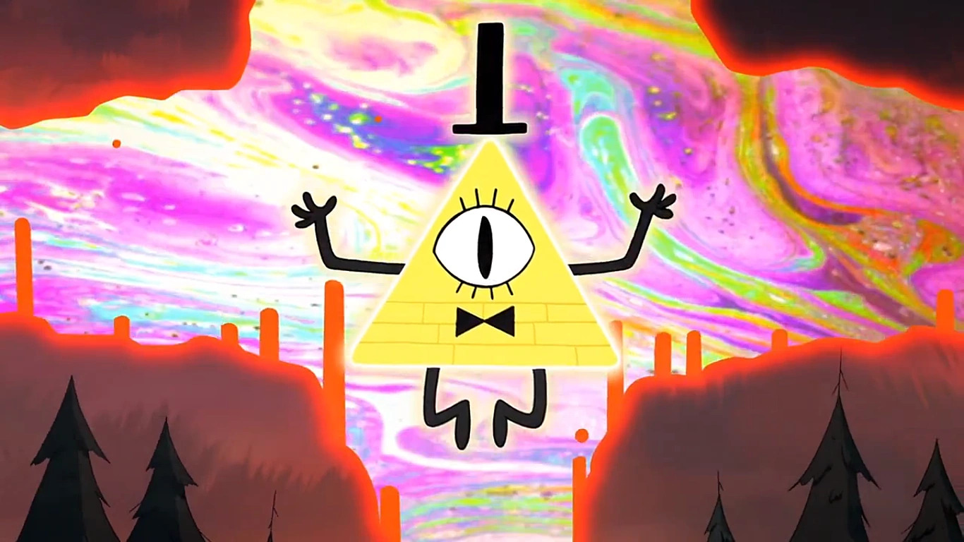 Evil triangle demon Bill Cipher wreaking chaos across the world, a swirling rainbow background behind him as he lifts his little arms up. 