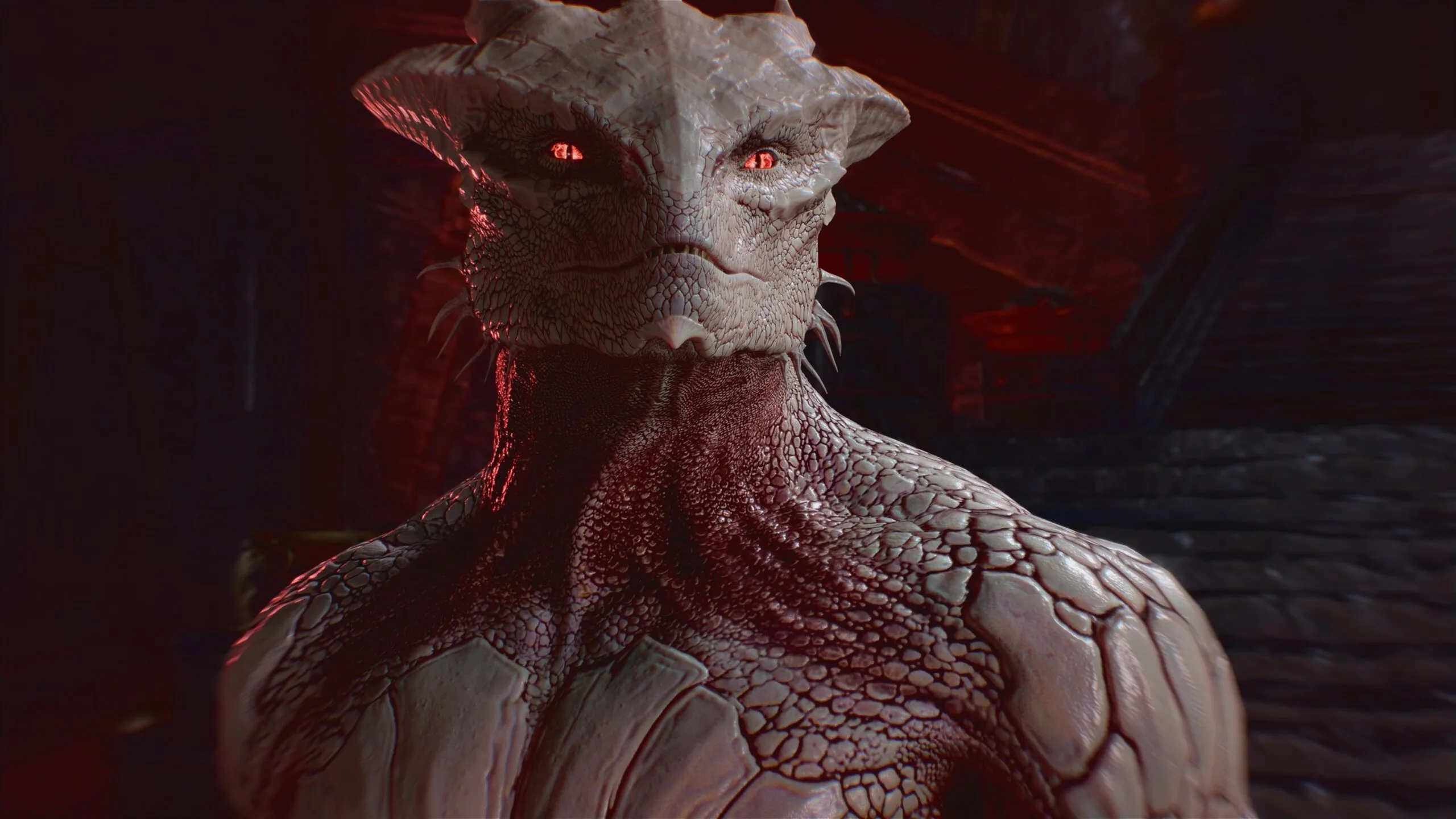 An albino dragonborn, visible from the chest up, who is the default avatar for the Dark Urge playthrough in Baldur’s Gate 3