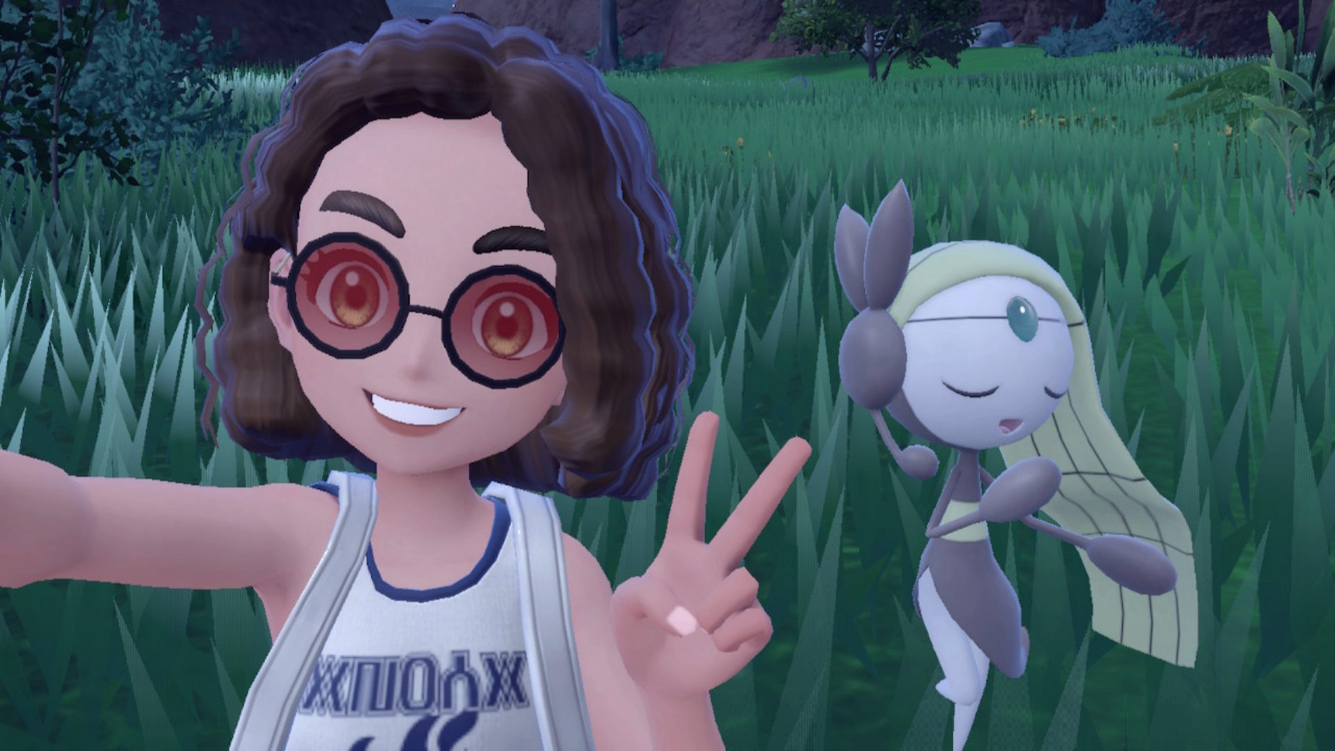 A Pokemon trainer holding up a peace sign next to a Meloette in Pokemon Scarlet and Violet. 