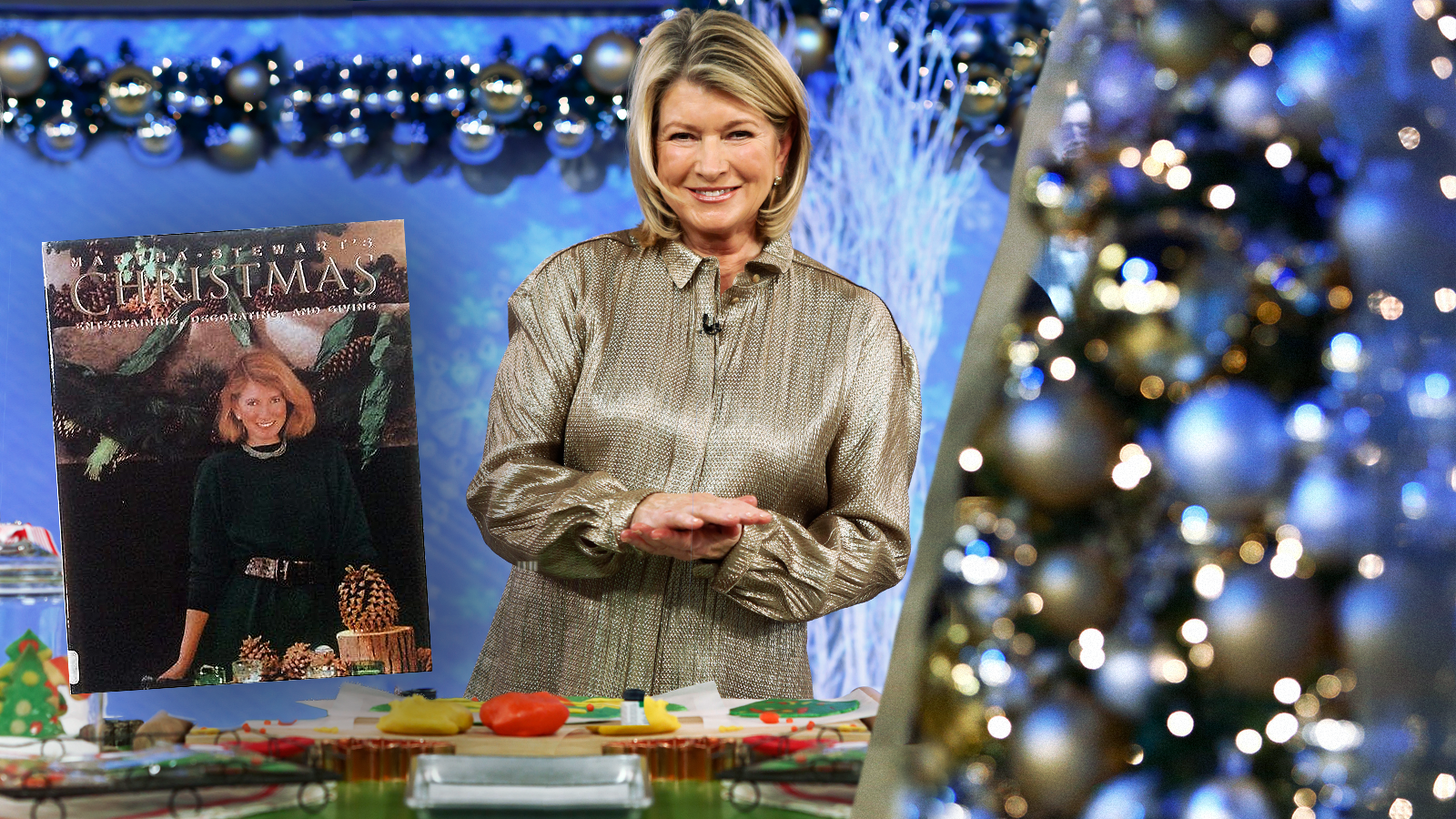 The cover of Martha Stewart’s Christmas superimposed over a photo of Martha Stewart and Christmas decorations. Photo illustration.