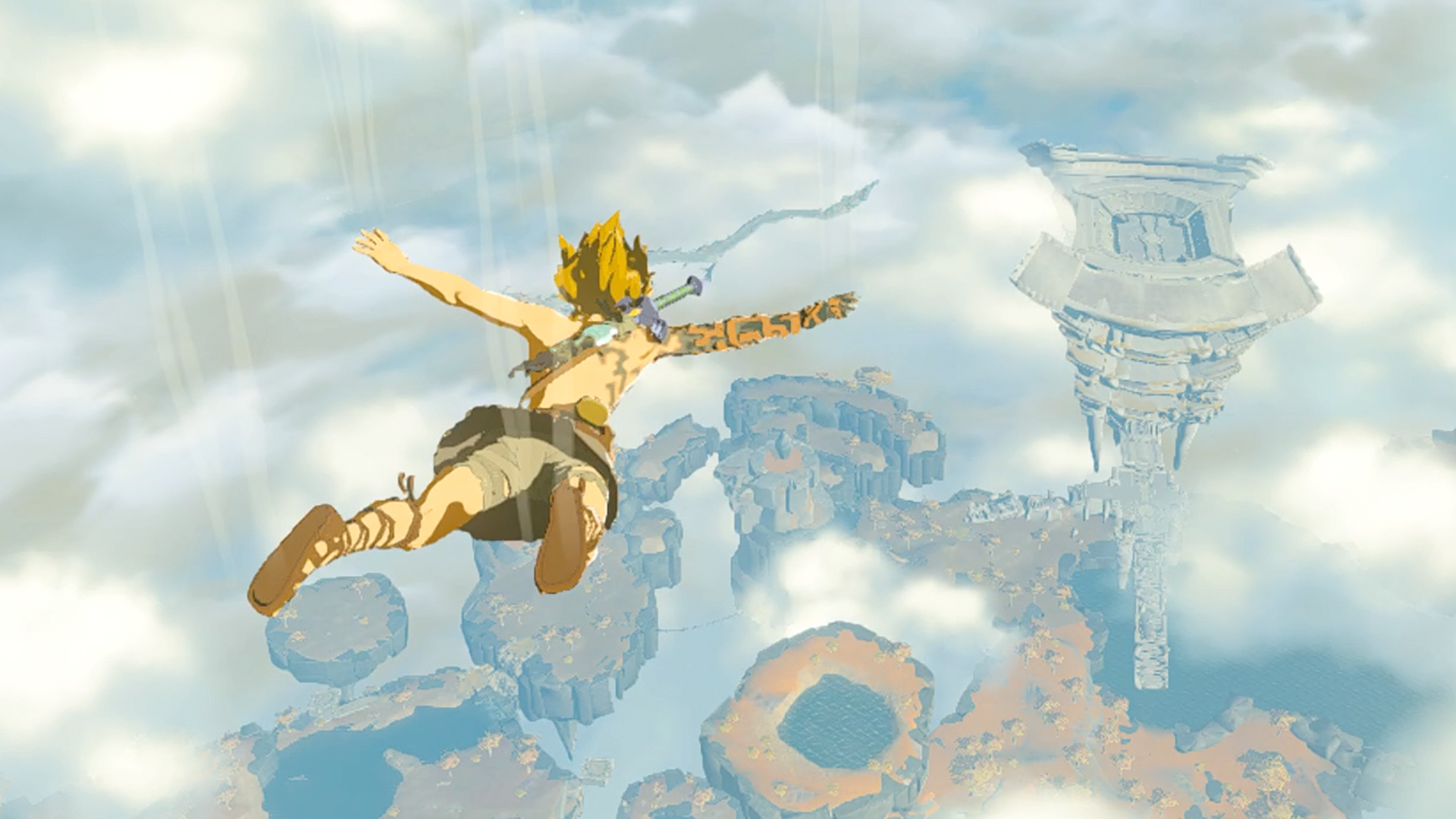 The Legend of Zelda: Tears of the Kingdom; a shirtless Link skydiving into Hyrule