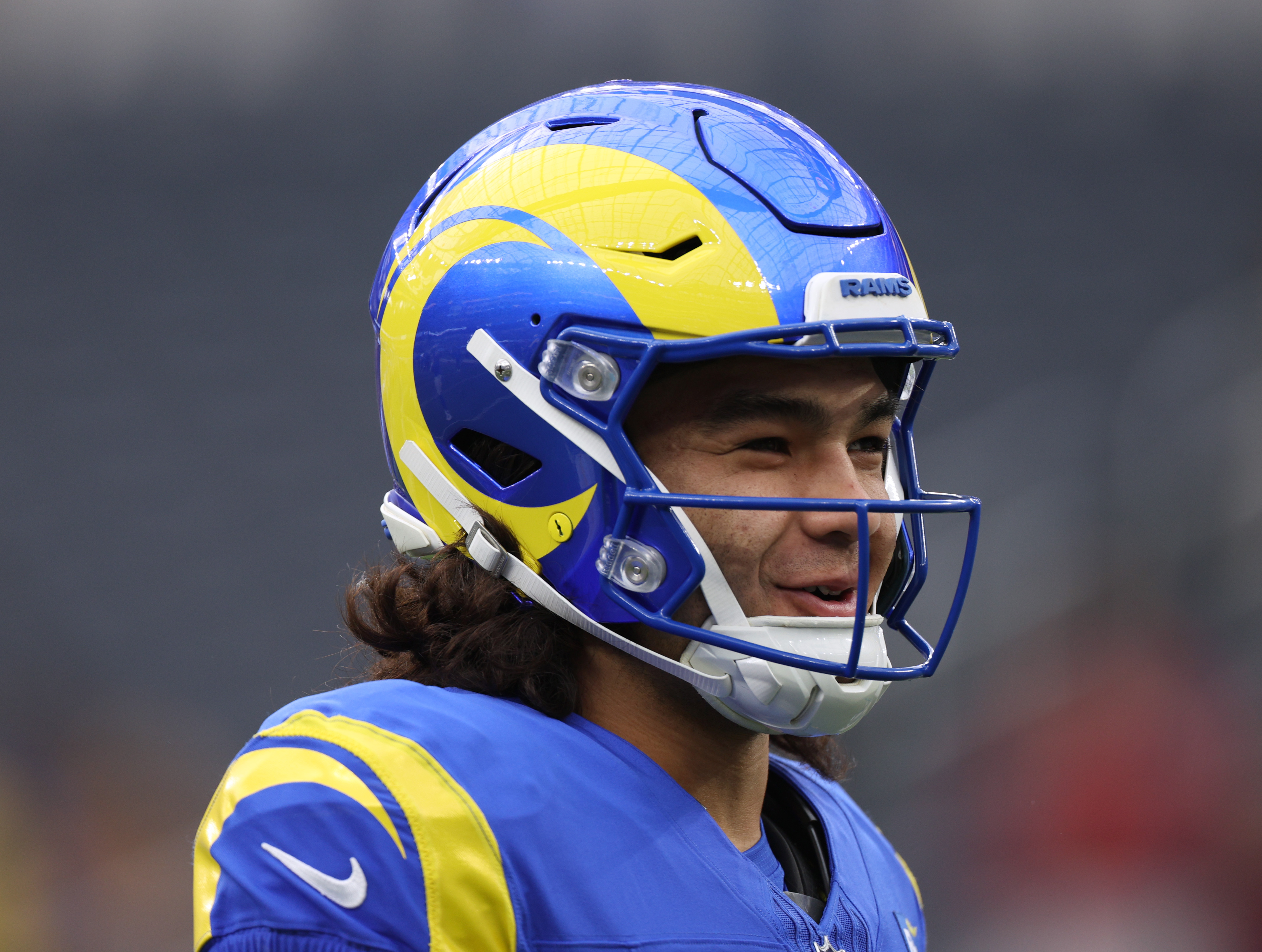 Puka Nacua of the Los Angeles Rams laughs before the game against the Washington Commanders at SoFi Stadium on December 17, 2023 in Inglewood, California.