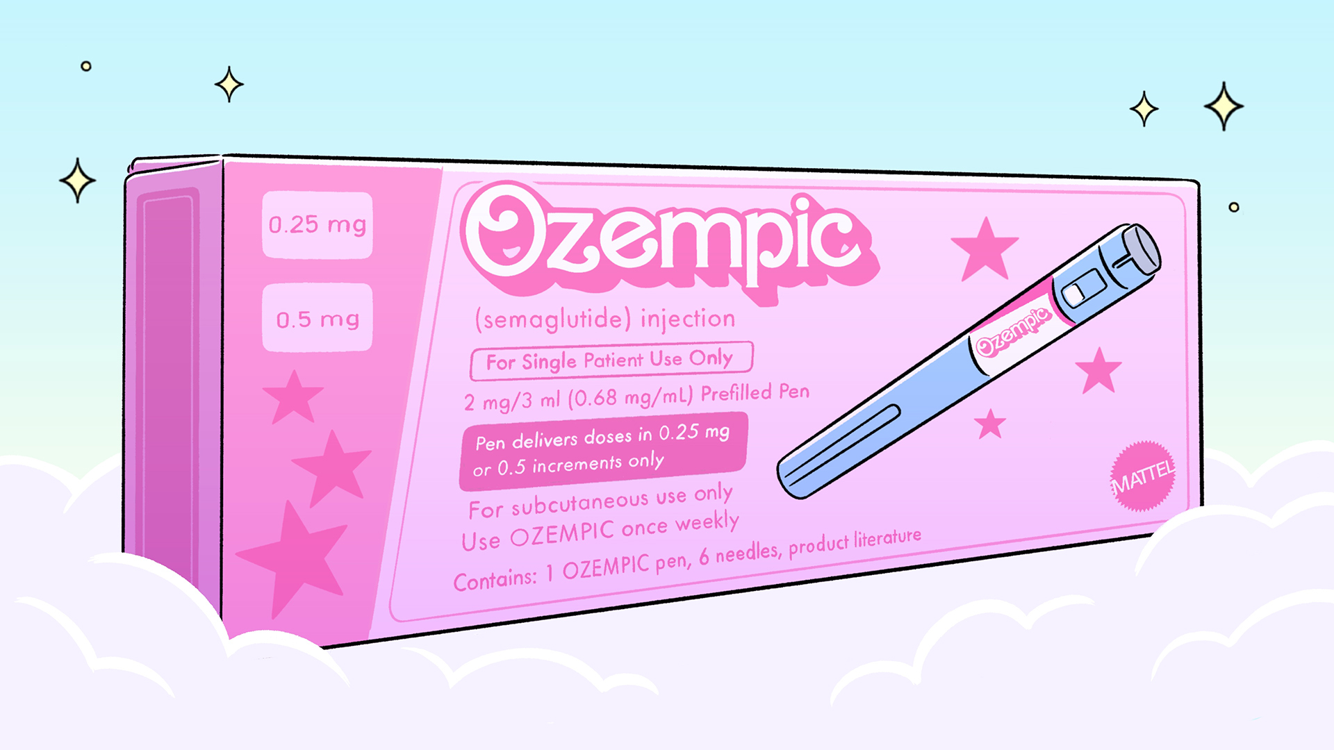 An illustration shows a box of Ozempic with Barbie branding emerging from a cloud with sparkles.