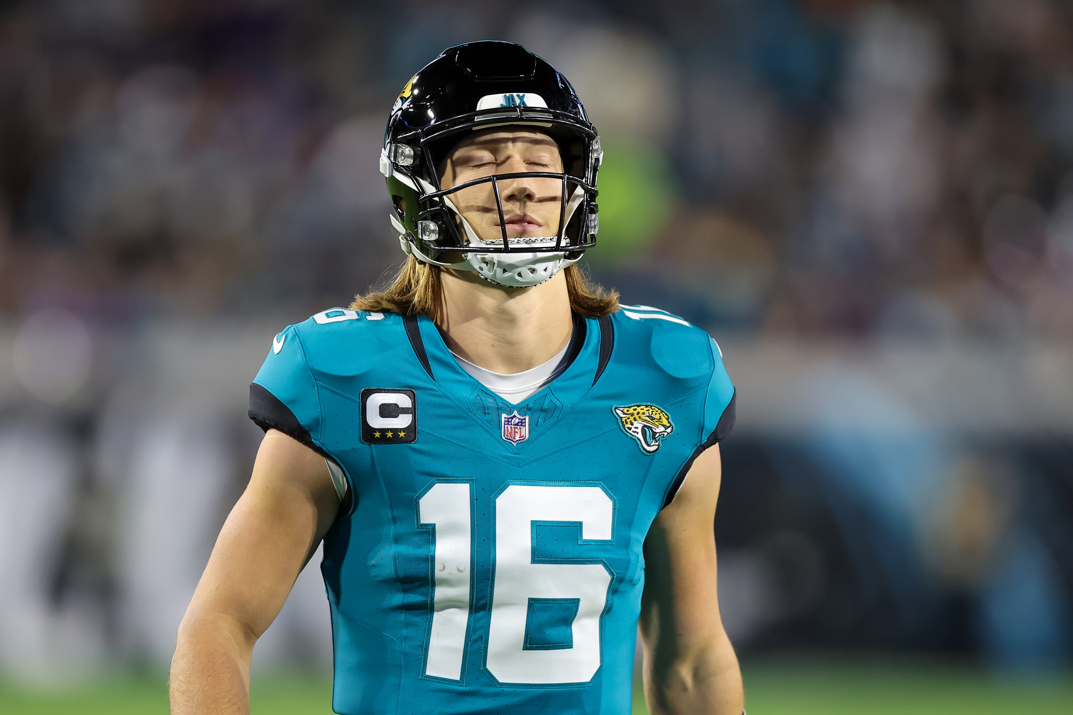Trevor Lawrence #16 of the Jacksonville Jaguars reacts during the second half of the game against the Baltimore Ravens at EverBank Field on December 17, 2023 in Jacksonville, Florida.