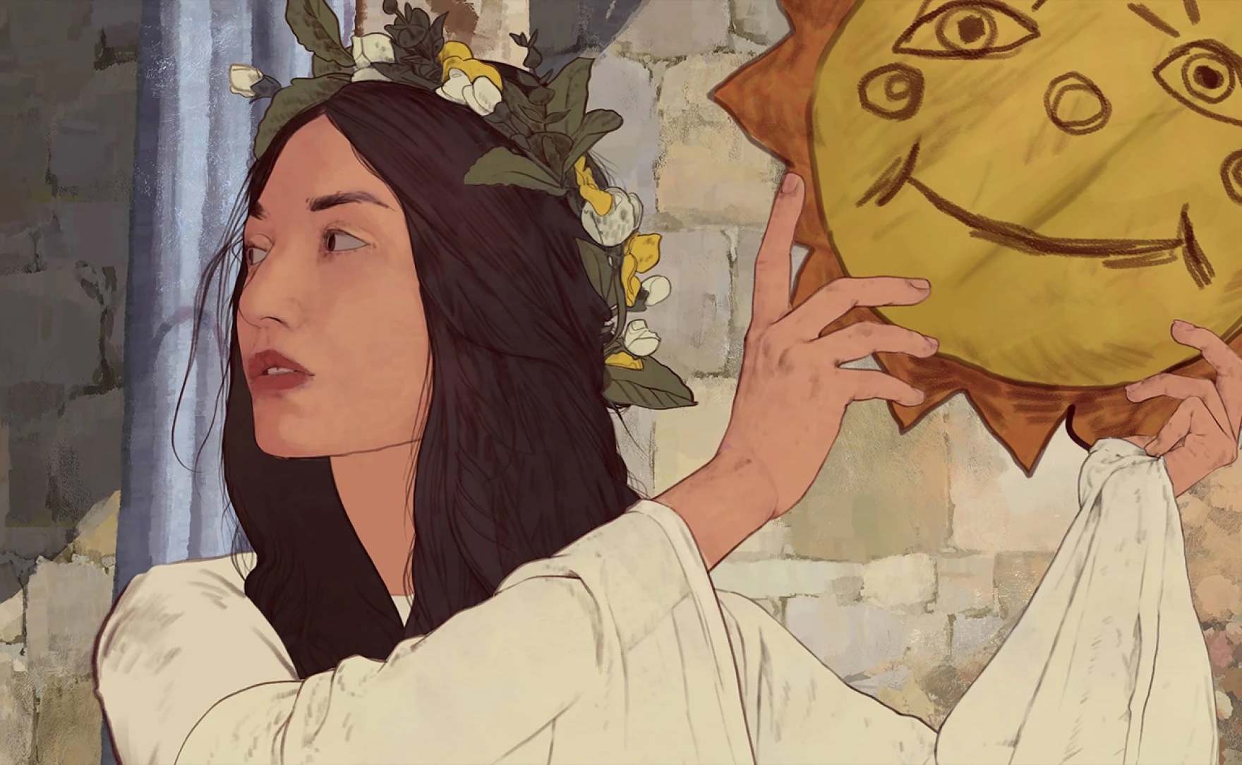 An image from the animated documentary Aurora’s Sunrise, picturing historical figure Aurora Mardiganian in a white flowing gown and flower crown, holding up a smiling sun mask and looking over her shoulder