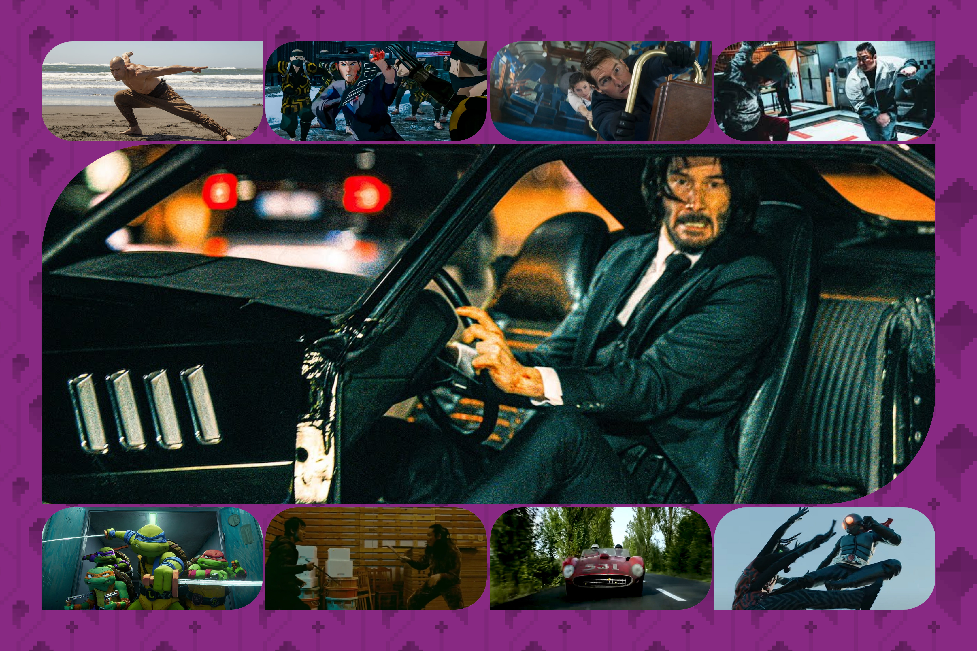 A grid image of action scenes featured in this post, led by Keanu Reeves driving his door-less car in John Wick 4