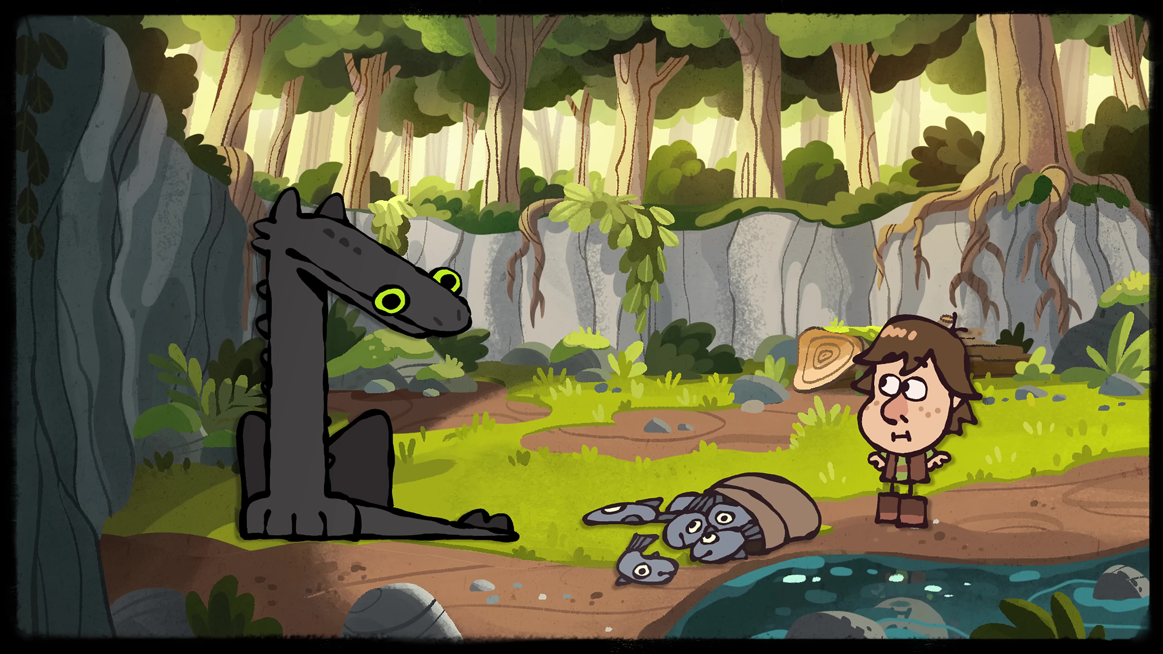 A fan animation depicting Toothless and Hiccup from How To Train Your Dragon. It is drawn with with a pretty simple artstyle where Toothless has big bug eyes and a long, hot dog-shaped body.