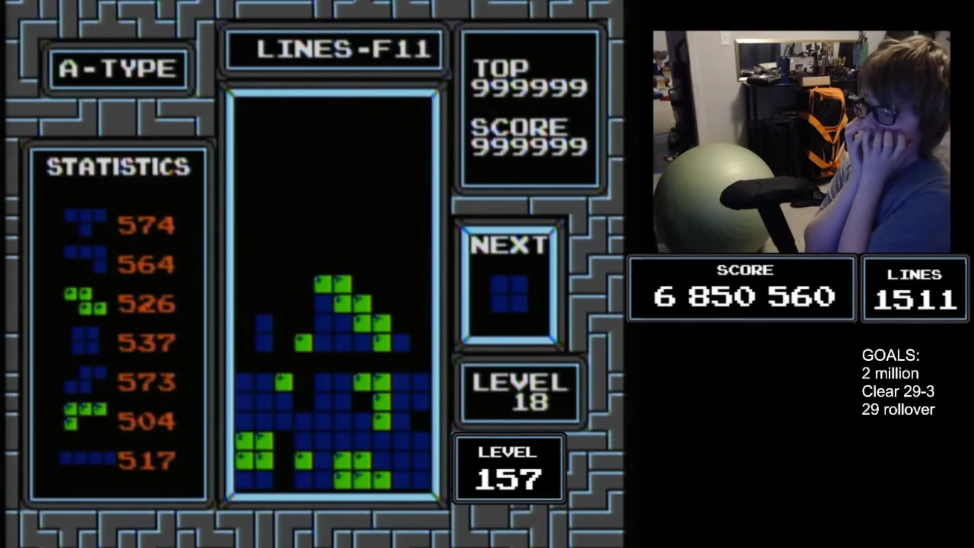 The final winning screen from Blue Scuti’s game —&nbsp;the first ever player to win NES Tetris.
