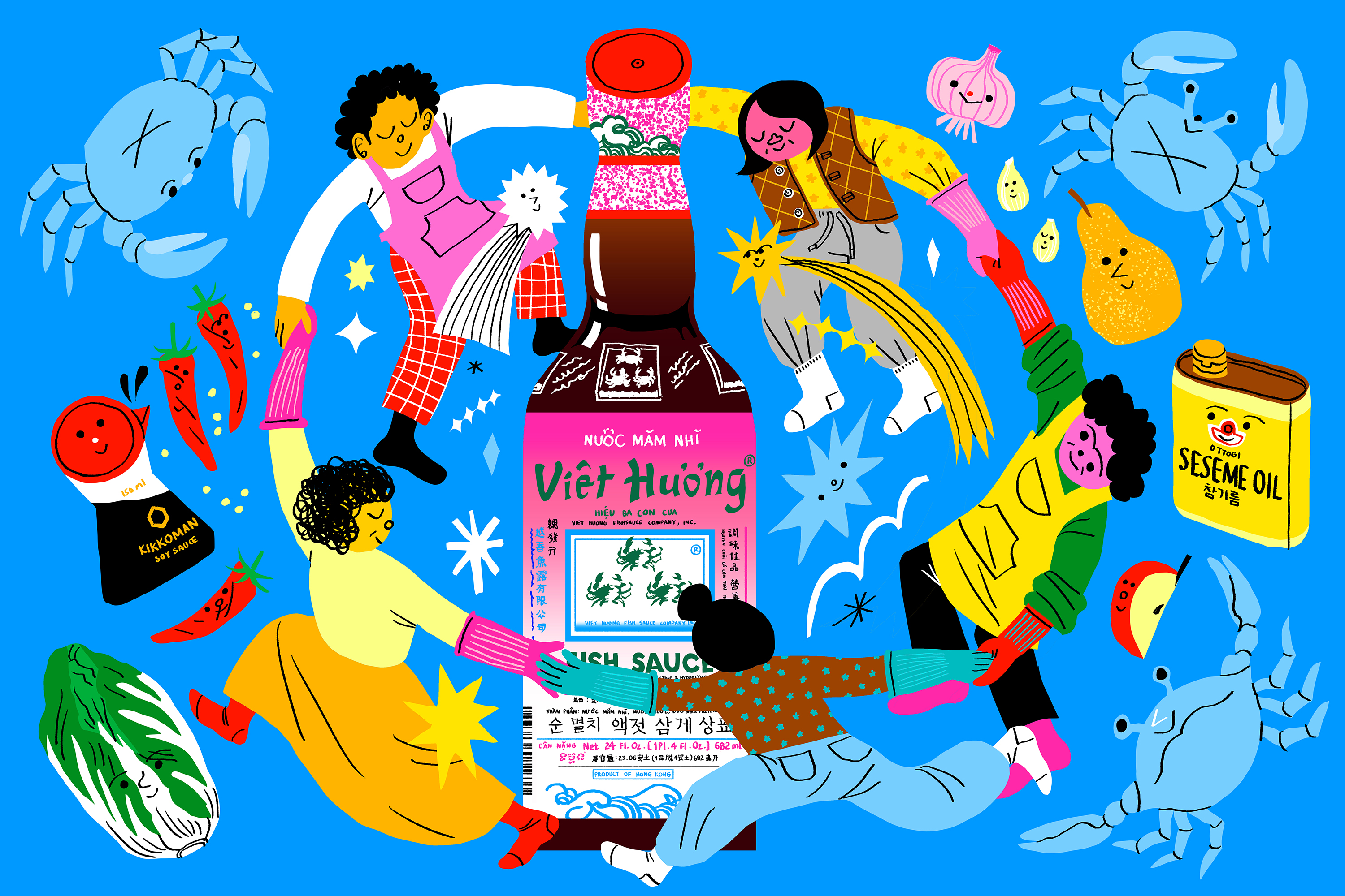 Illustration of five women holding hands and dancing around a bottle of Three Crabs Fish Sauce. Other ingredients like cabbage, crabs, and pear sit alongside.