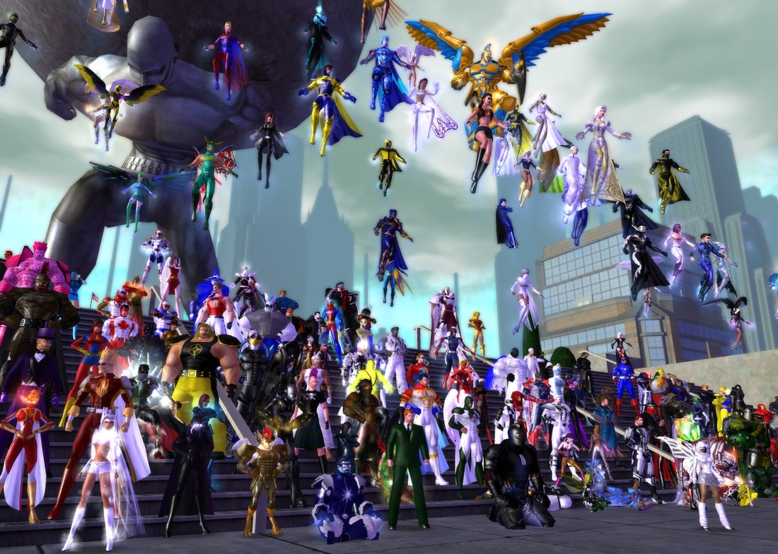 A collection of superheroes and villains gathering in MMO City of Heroes