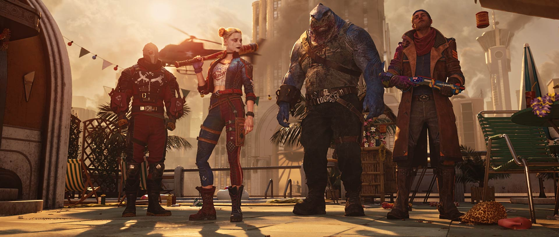 A screenshot from Suicide Squad: Kill the Justice League featuring Harley Quinn, Deadshot, King Shark, and Captain Boomerang