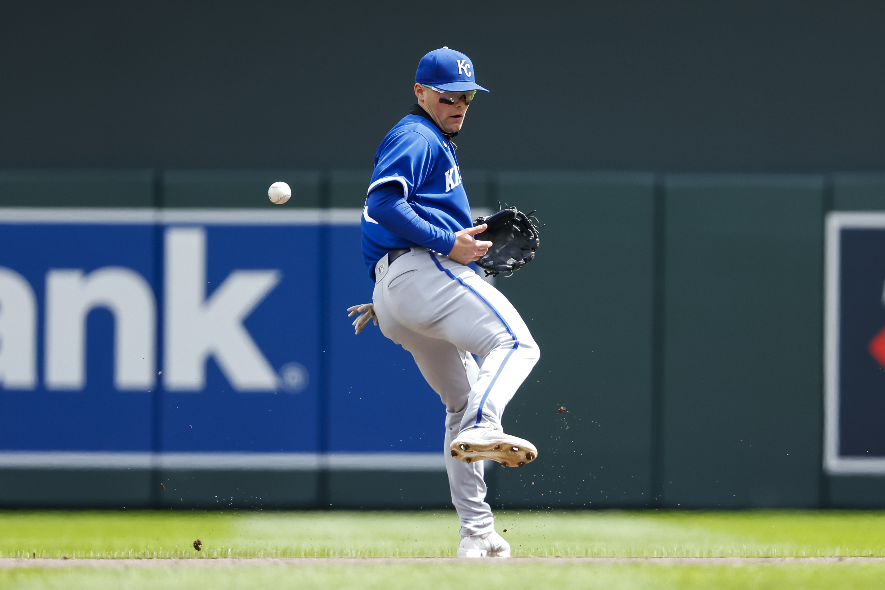 Michael Massey #19 of the Kansas City Royals commits a fielding error on a ball hit by Carlos Correa #4 of the Minnesota Twins in the fifth inning at Target Field on April 29, 2023 in Minneapolis, Minnesota. The Royals defeated the Twins 3-2.