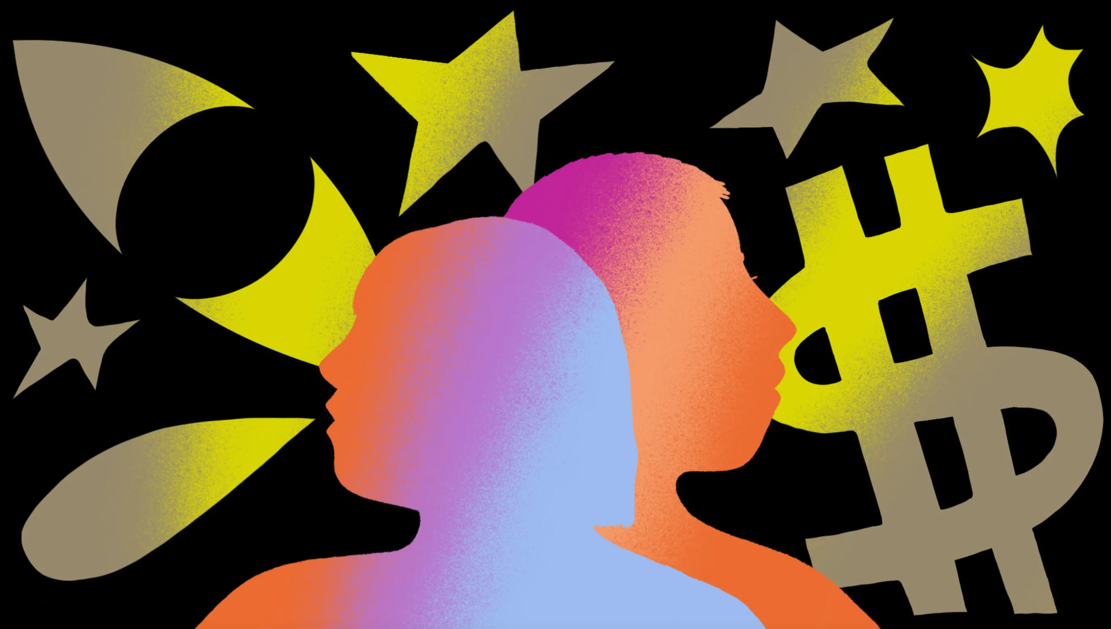 Illustration of two people’s heads in profile against a background of a dollar sign and stars.