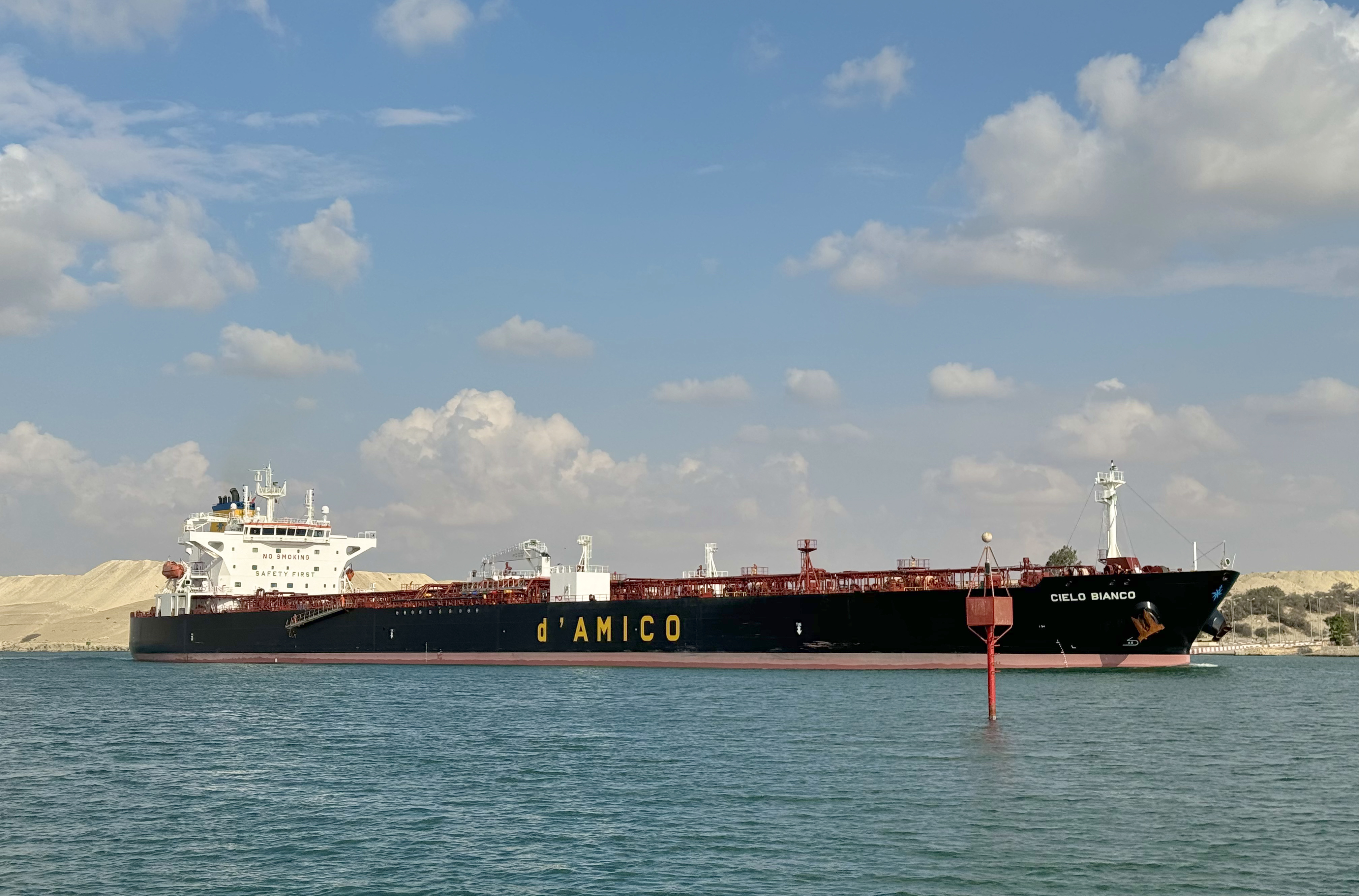 A large black cargo ship floats on calm water, a sandy shore visible in the distance.