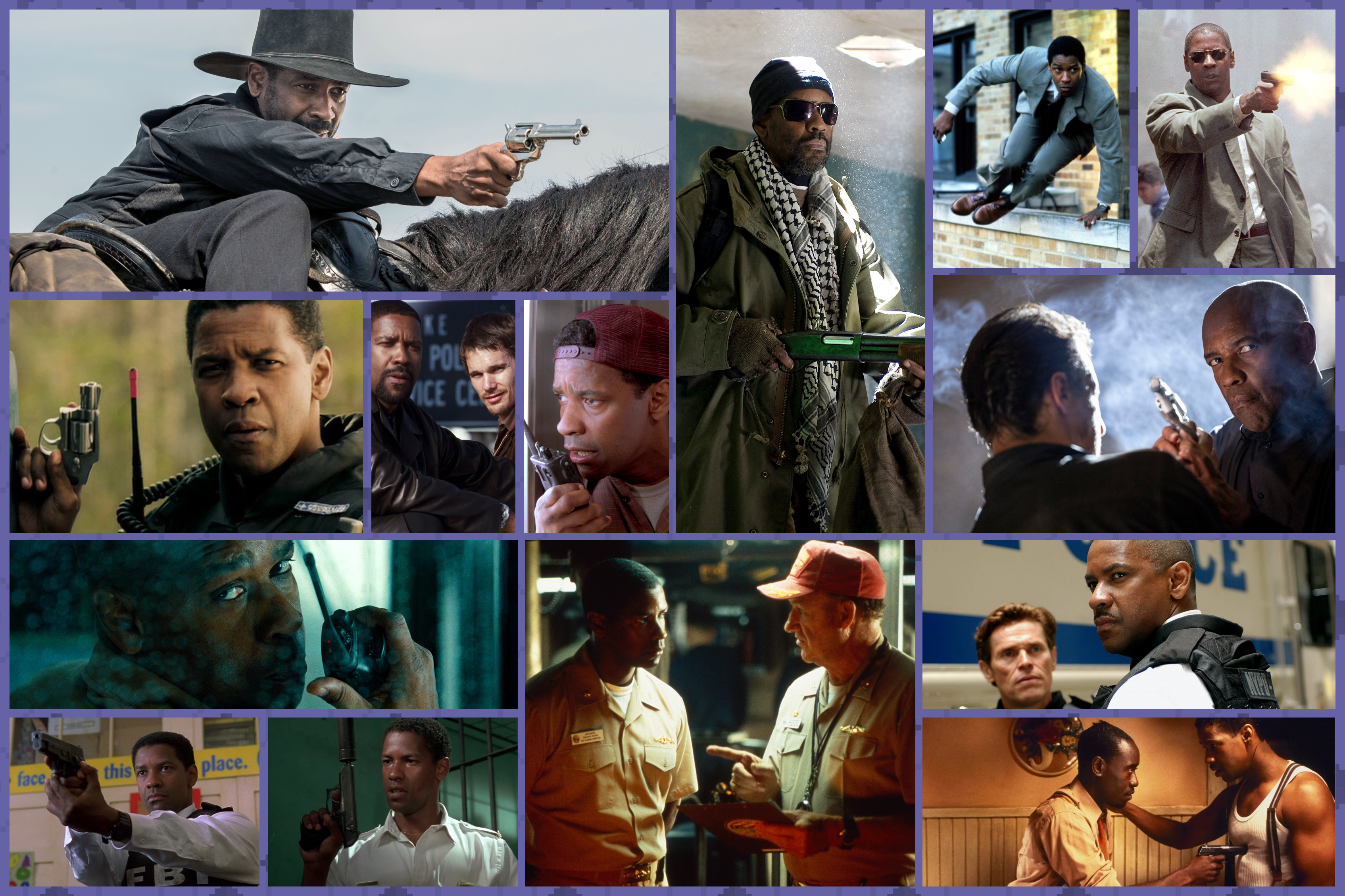 A collage of Denzel Washington in action movies featured in this post