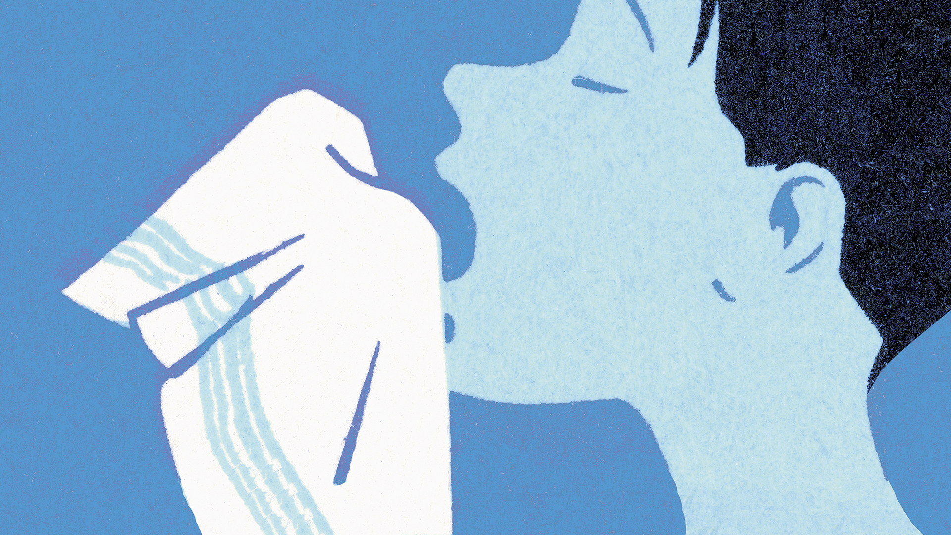 A graphic illustration in shades of blue of a person sneezing into a handkerchief. 