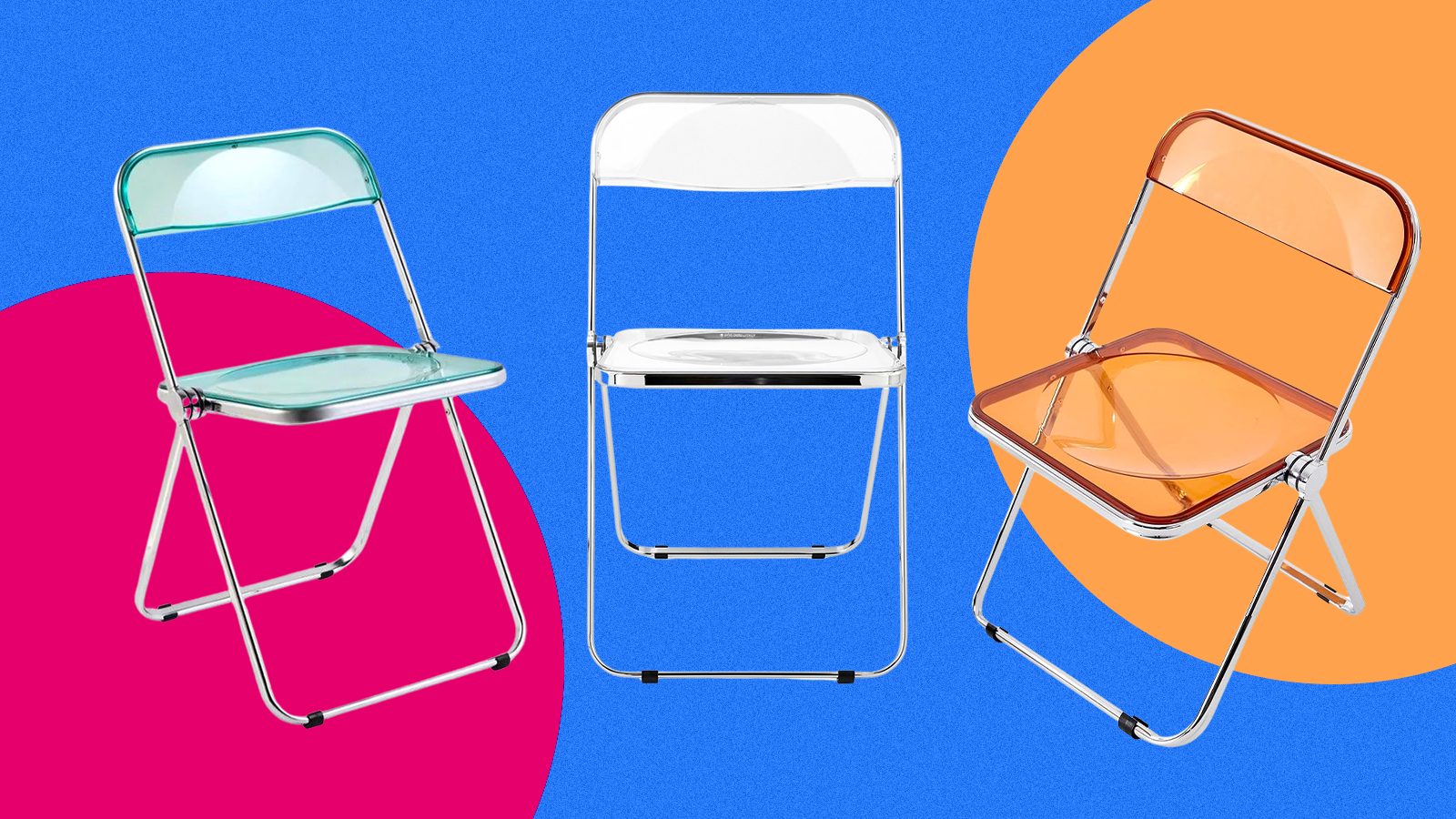 The Plia chair in blue, clear, and orange. 