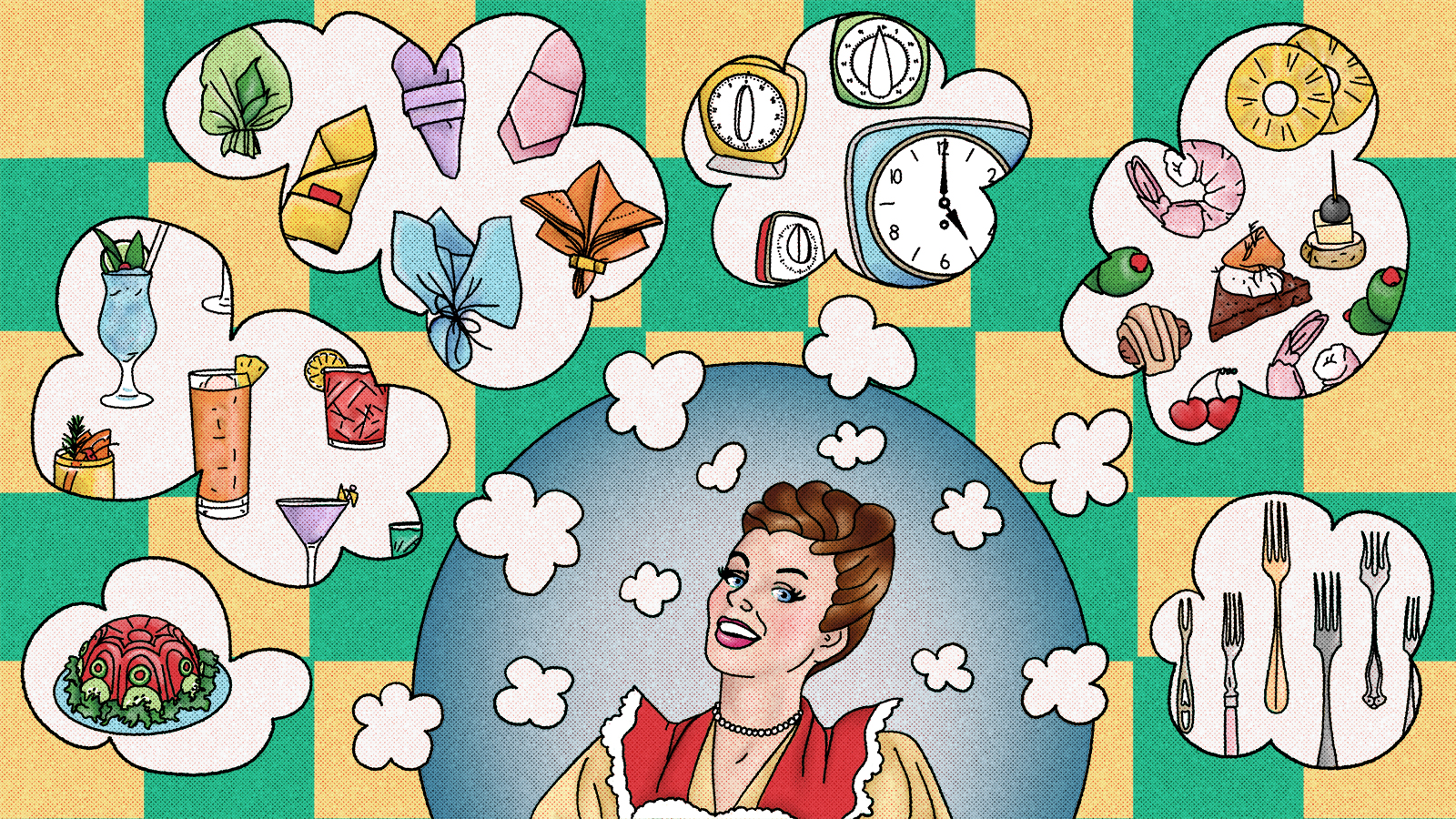 A 1950s-era woman surrounded by thought bubbles filled with folded napkins, different forks, kitchen timers, canapes, a jello mold, and cocktails. Illustration.