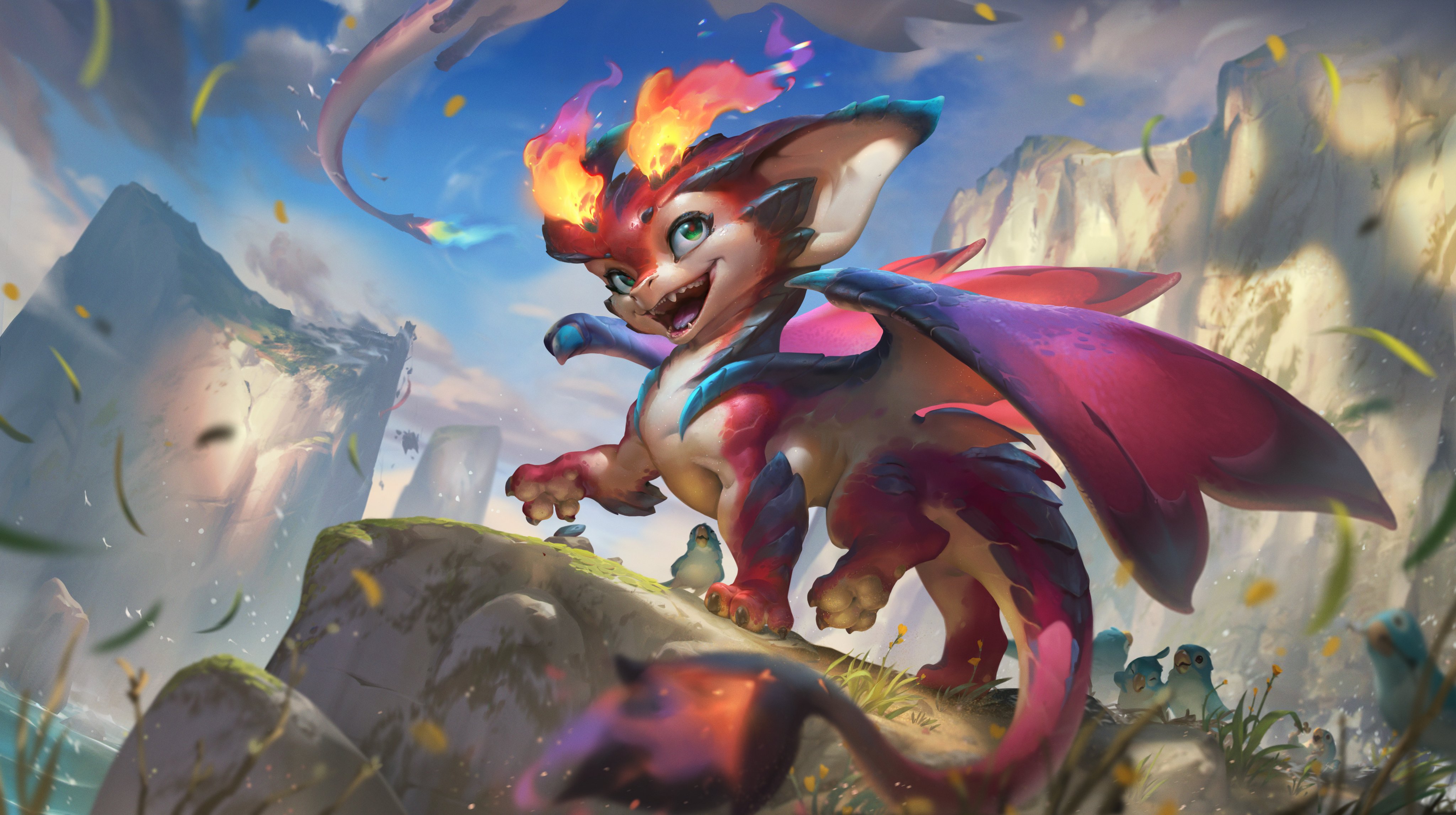 Smolder, the baby dragon champion coming to League of Legions, depicted in his splash art. He’s a small red creature with big ears, twin plumes of flame emerging from his forehead, big eyes, and a plucky demeanor.