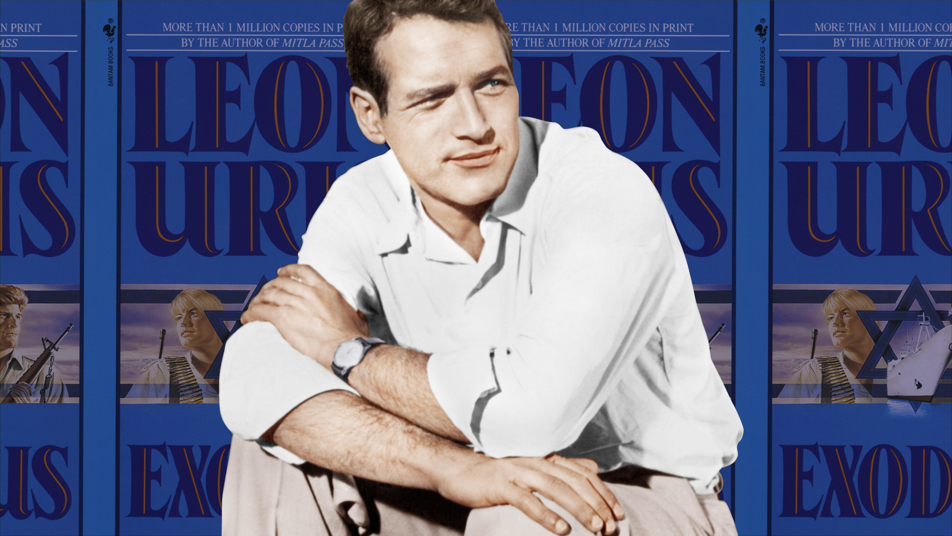 Paul Newman from the 1960 movie Exodus superimposed over the cover of Leon Uris’s novel Exodus repeating in the background.