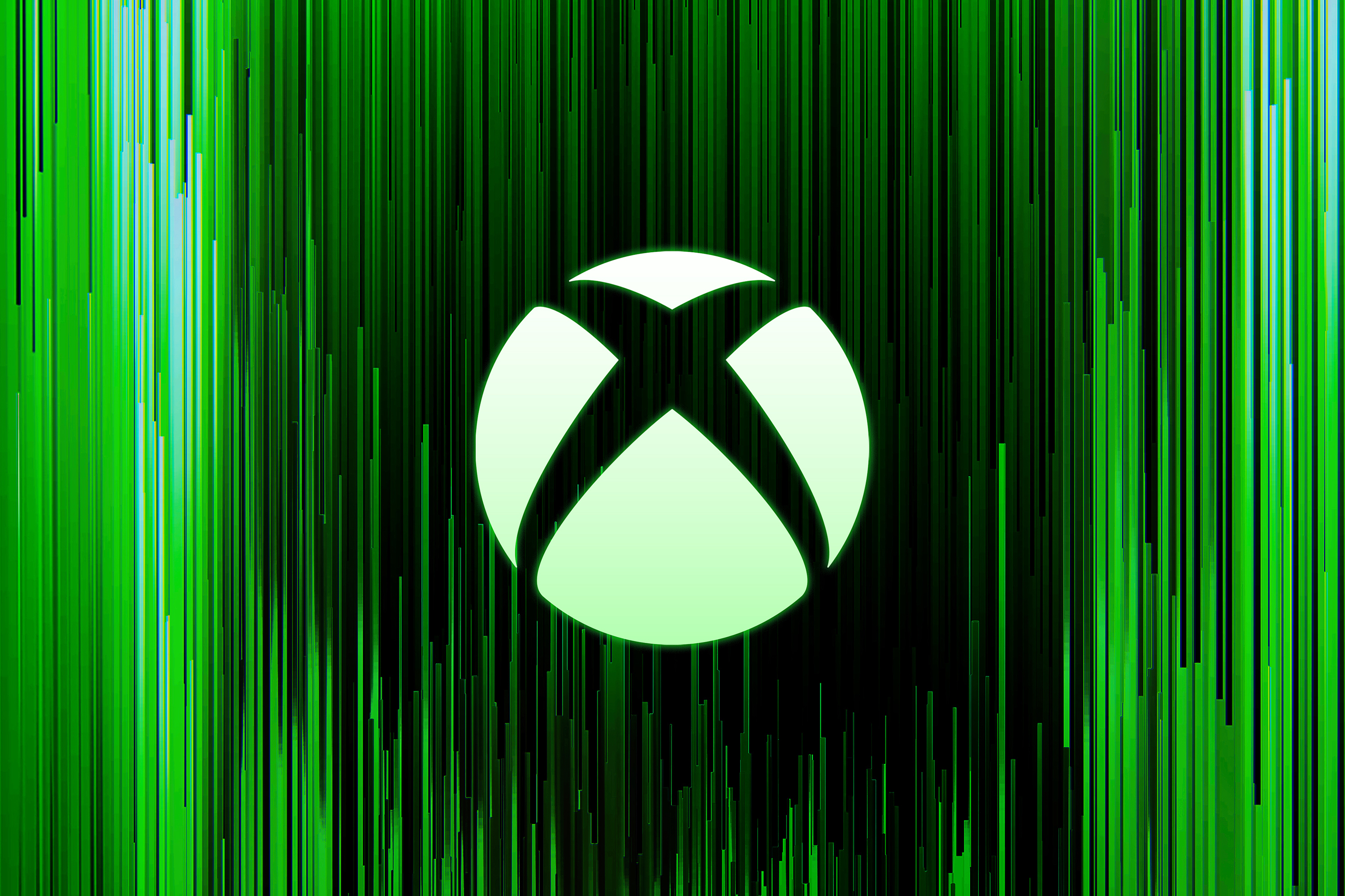 Microsoft Xbox logo on a glitchy green background