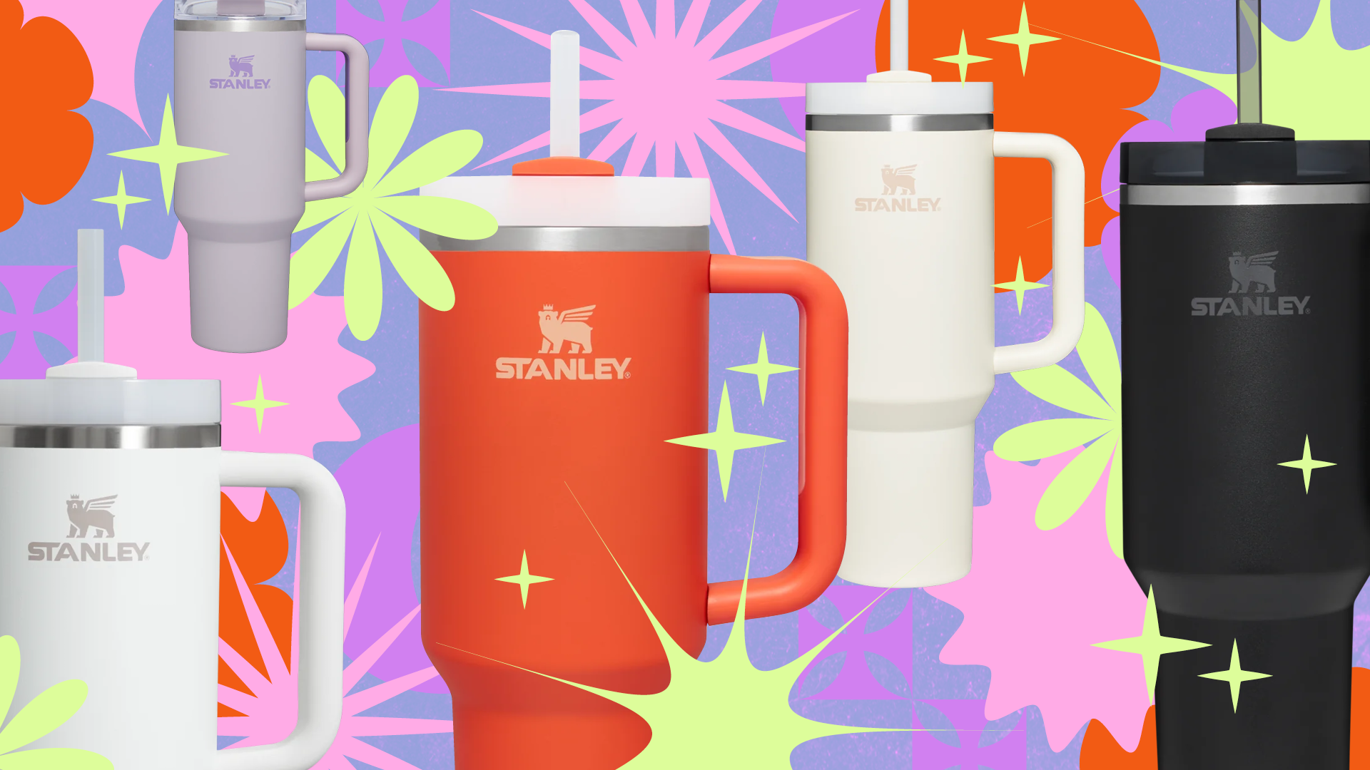 Five Stanley-branded 40-ounce tumblers surrounded by illustrated starbursts and flower shapes.